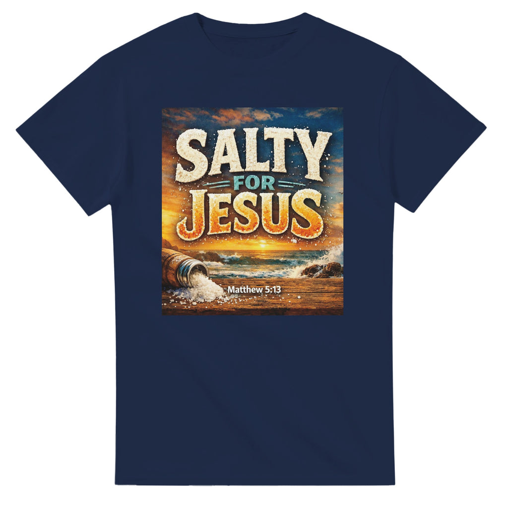 Navy blue t-shirt with 'Salty for Jesus' graphic design on a white background