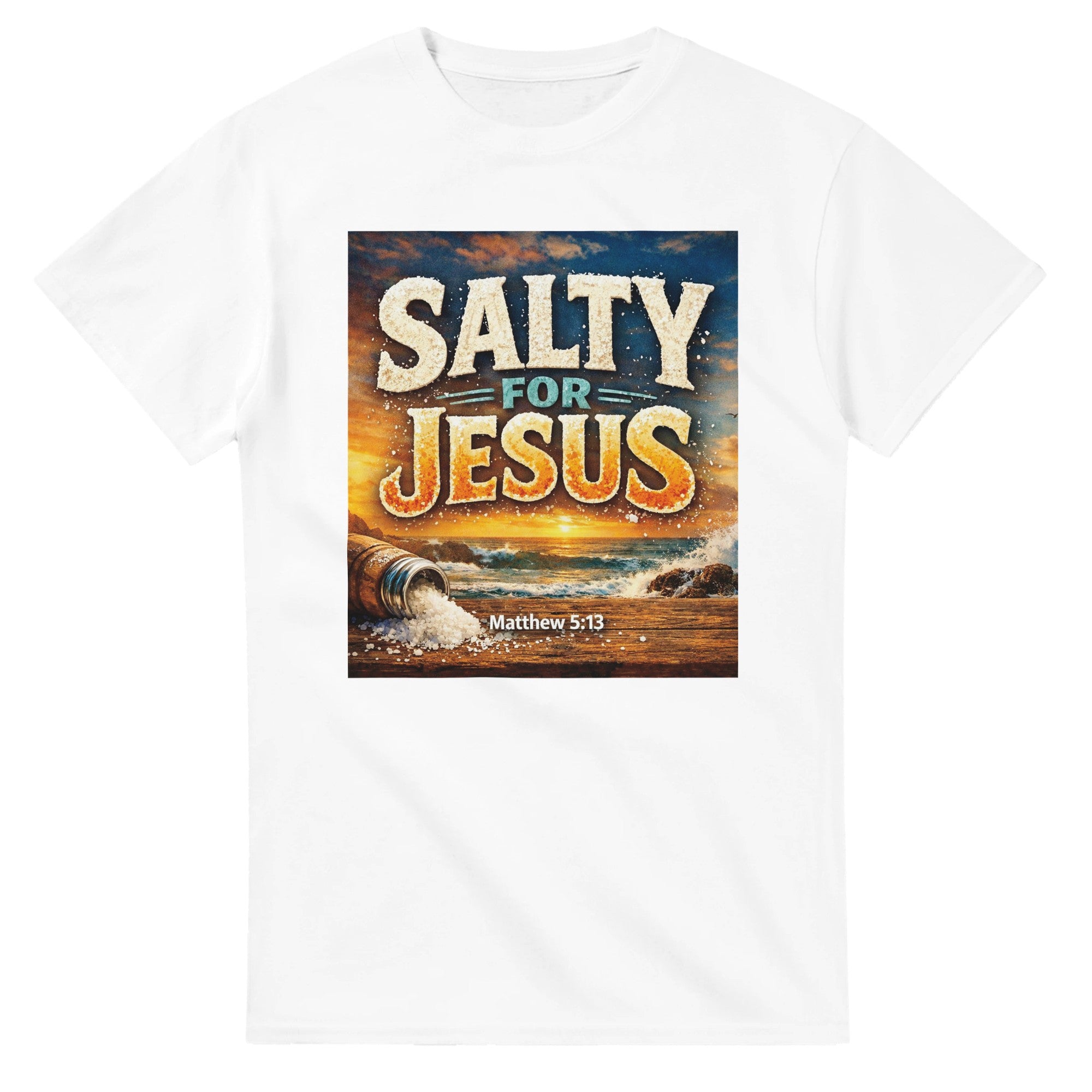 White t-shirt with 'Salty for Jesus' graphic design on a white background