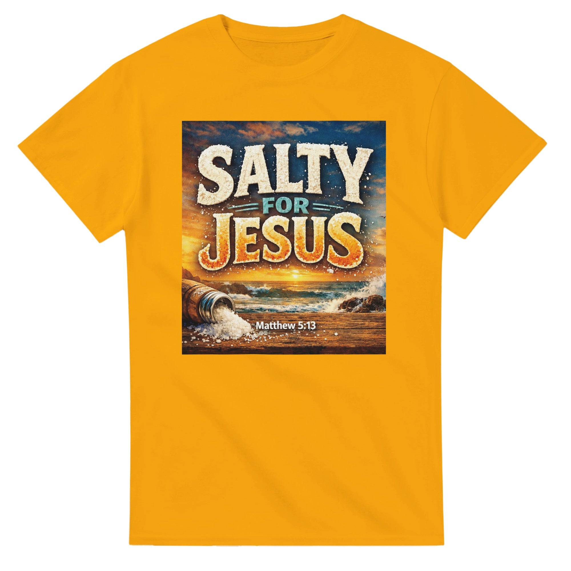Yellow t-shirt with 'Salty for Jesus' graphic and Matthew 5:13 text on a white background