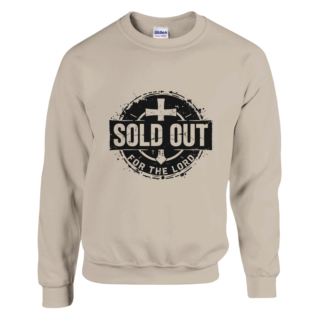 Beige sweatshirt with 'Sold Out for the Lord' text and cross design on a white background