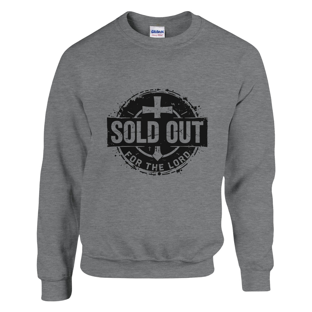 Gray sweatshirt with 'Sold Out for the Lord' text and cross design on a white background