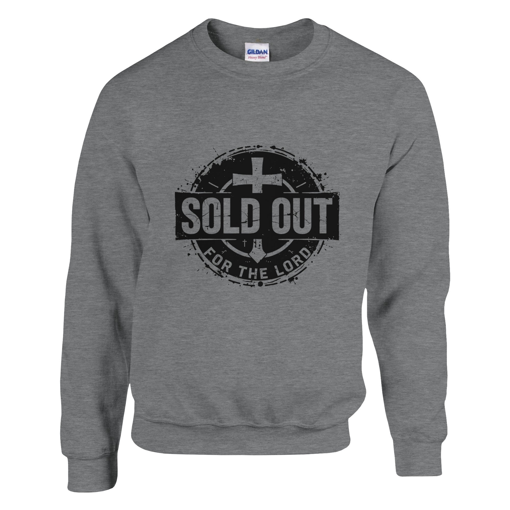 Gray sweatshirt with 'Sold Out for the Lord' text and cross design on a white background