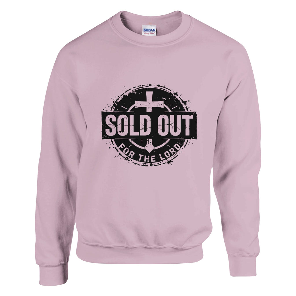 Pink sweatshirt with 'SOLD OUT FOR THE LORD' text and cross design on a white background