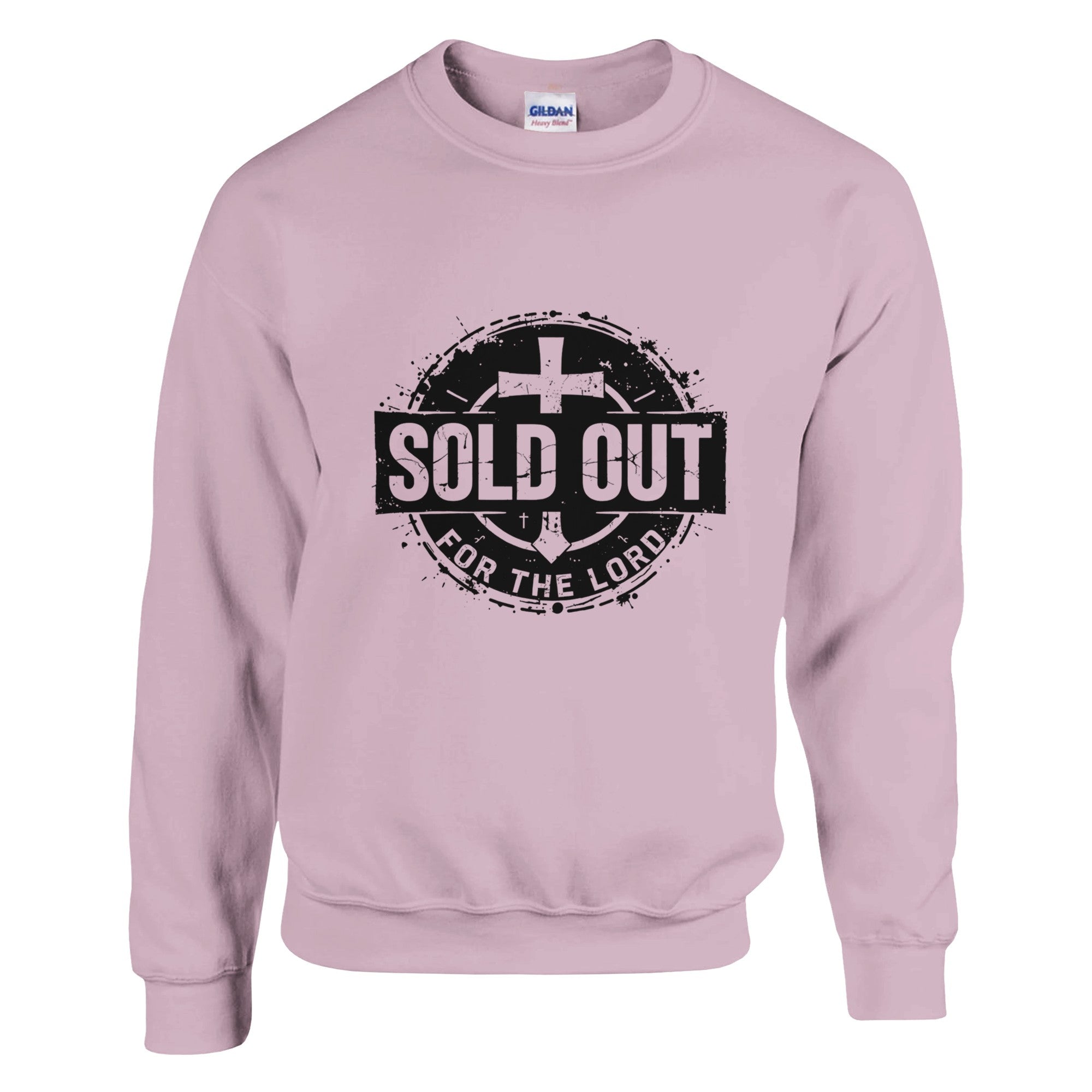 Pink sweatshirt with 'SOLD OUT FOR THE LORD' text and cross design on a white background