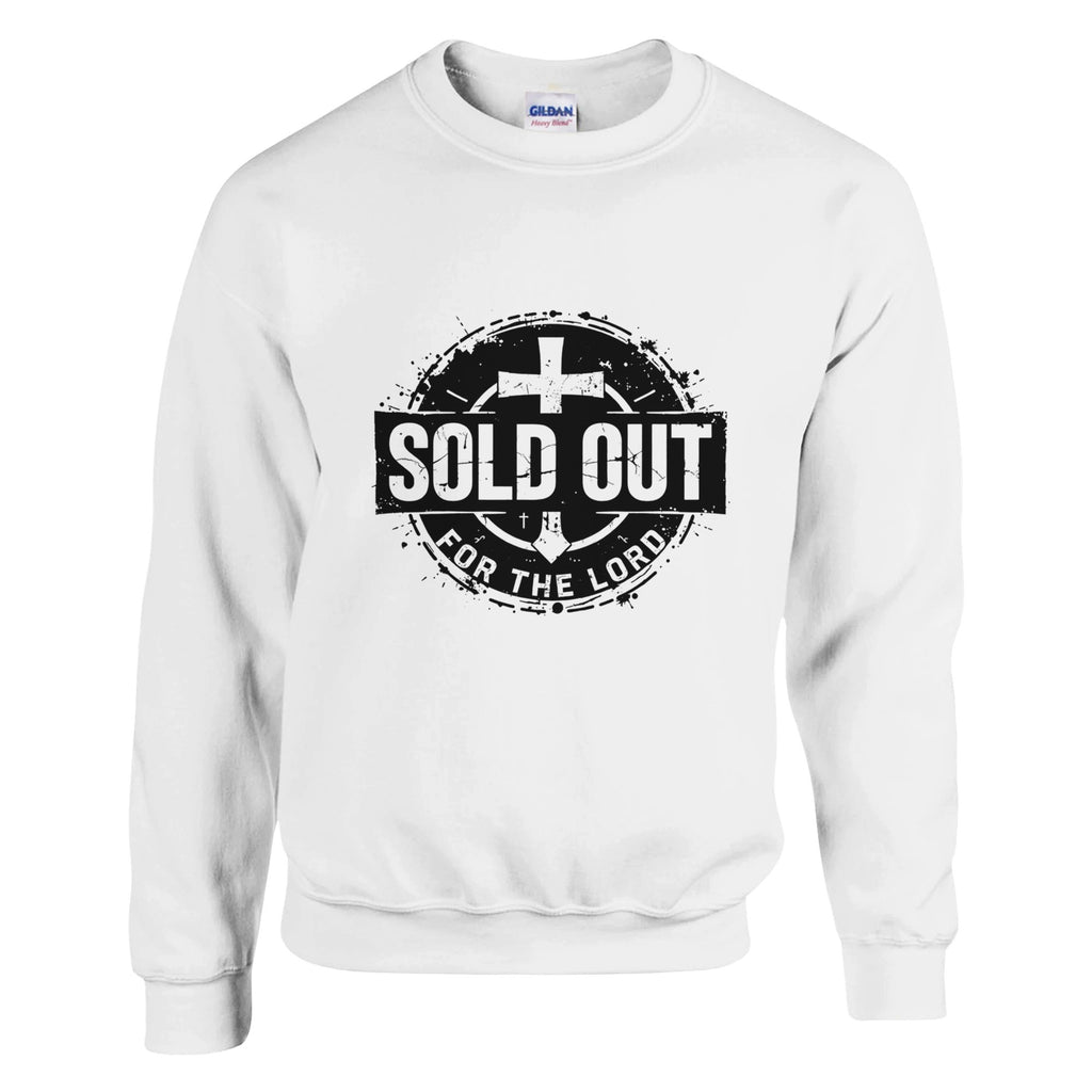 White sweatshirt with 'SOLD OUT FOR THE LORD' text and cross design on a white background