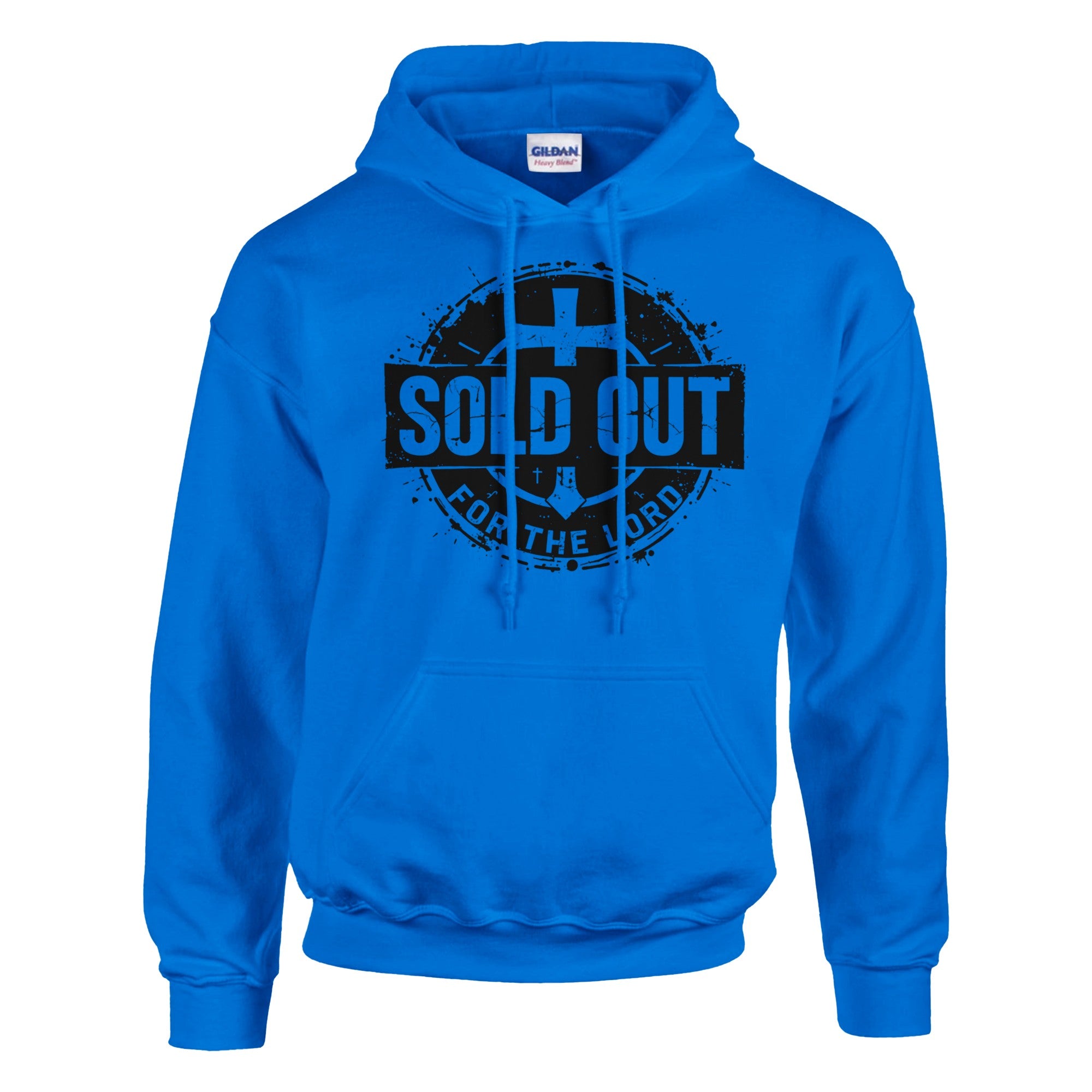 Blue hoodie with 'SOLD OUT for the Lord' text on a white background