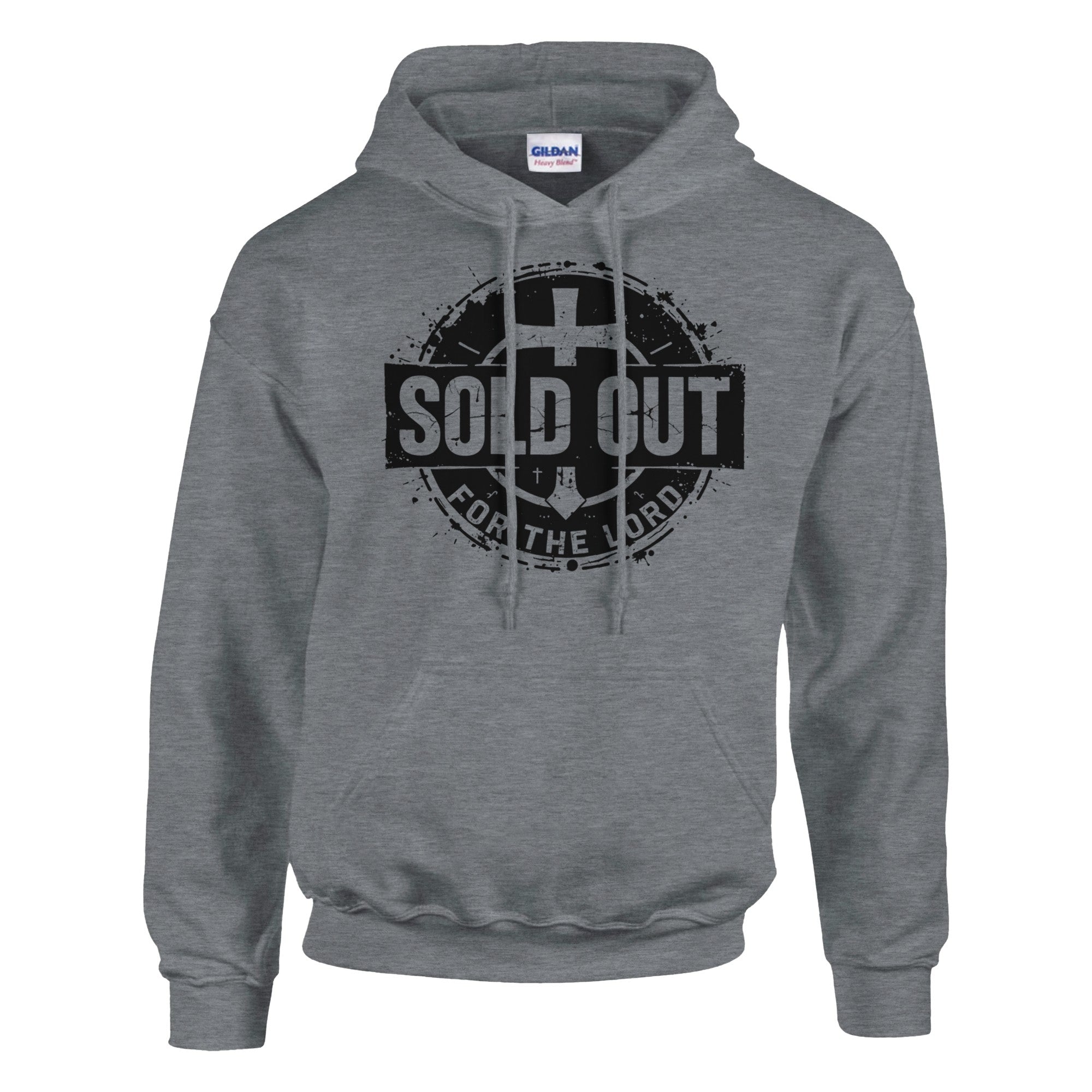 Grey hoodie with 'Sold Out for the Lord' text and cross design on a white background