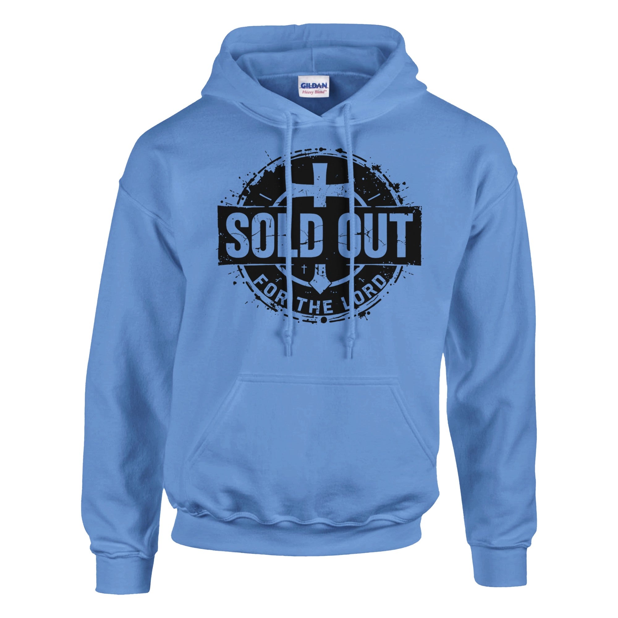 Blue hoodie with 'Sold Out for the Lord' text on a white background