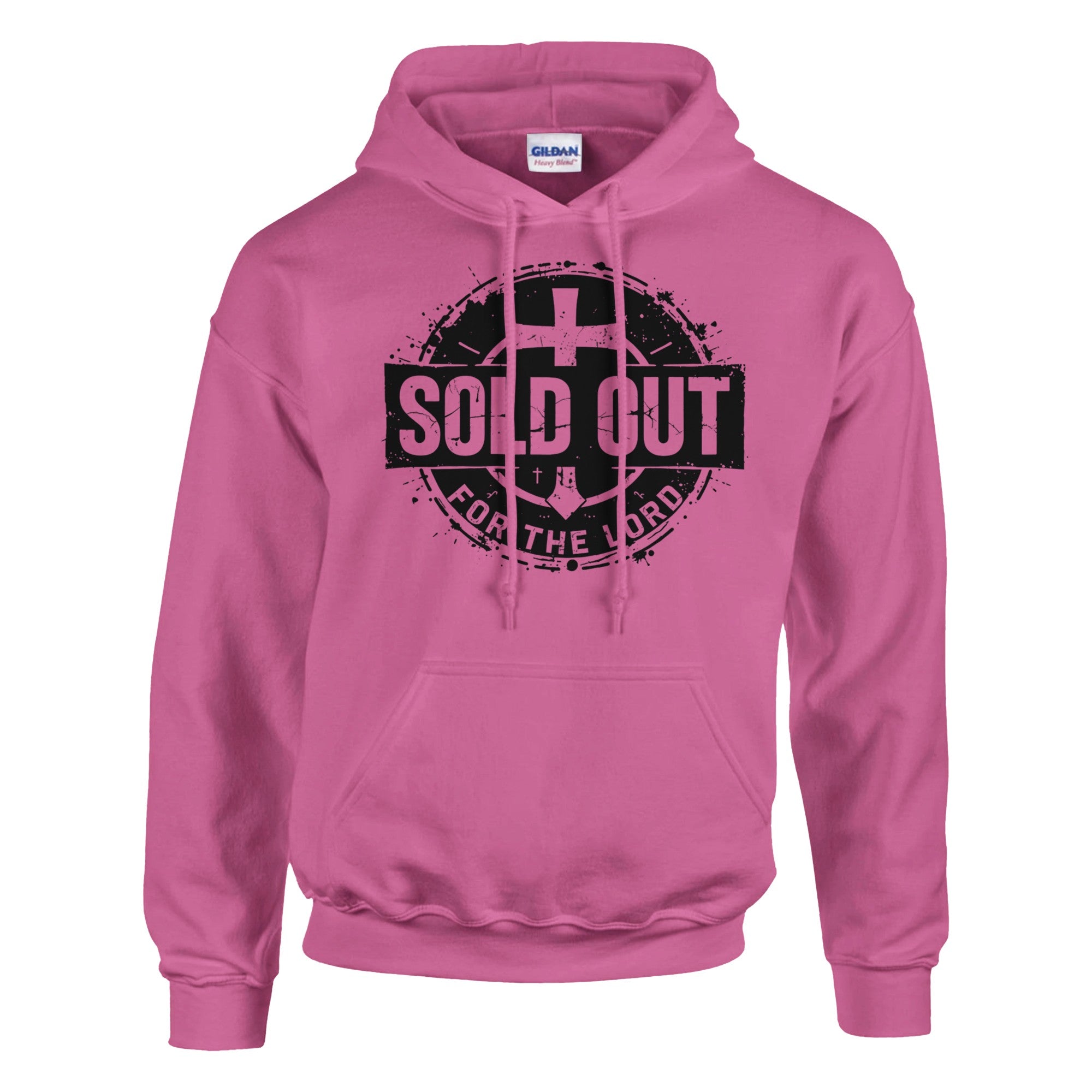 Pink hoodie with 'SOLD OUT for the Lord' text and cross symbol on a white background