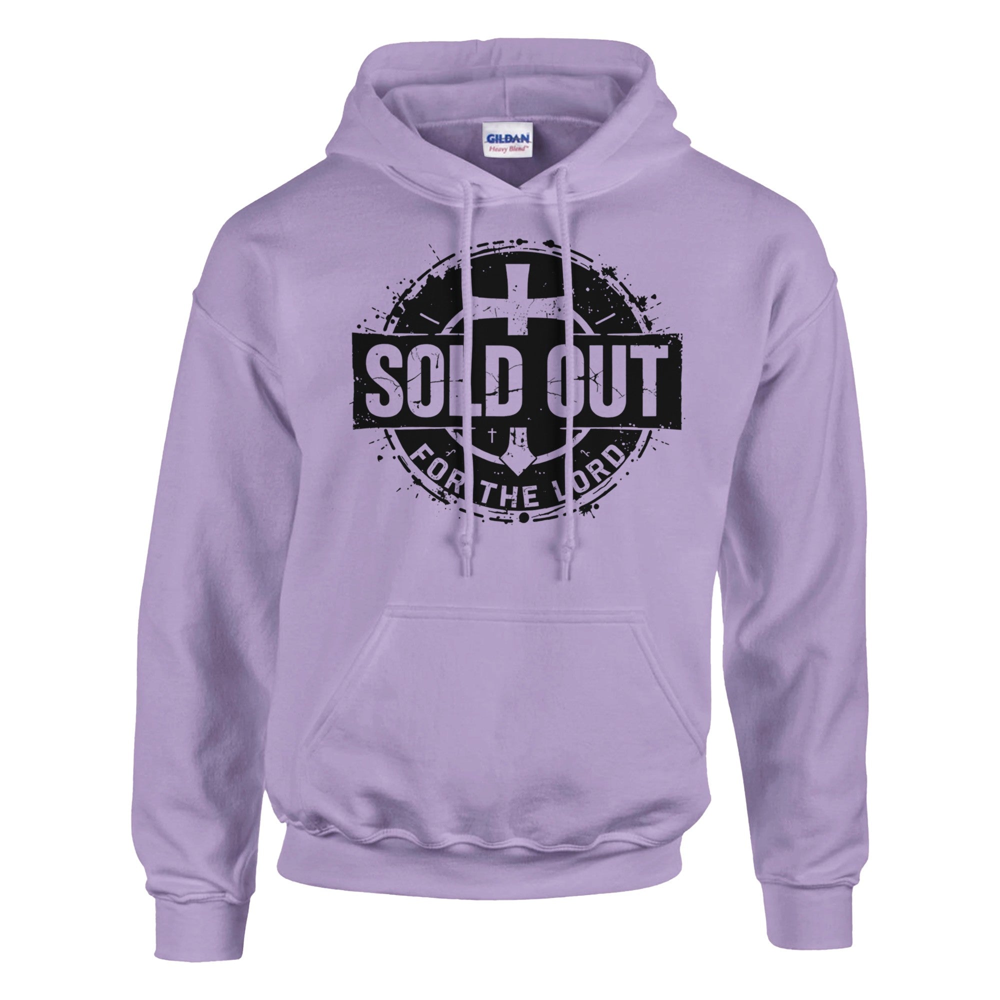 Purple hoodie with 'Sold Out for the Lord' text and cross symbol on a white background