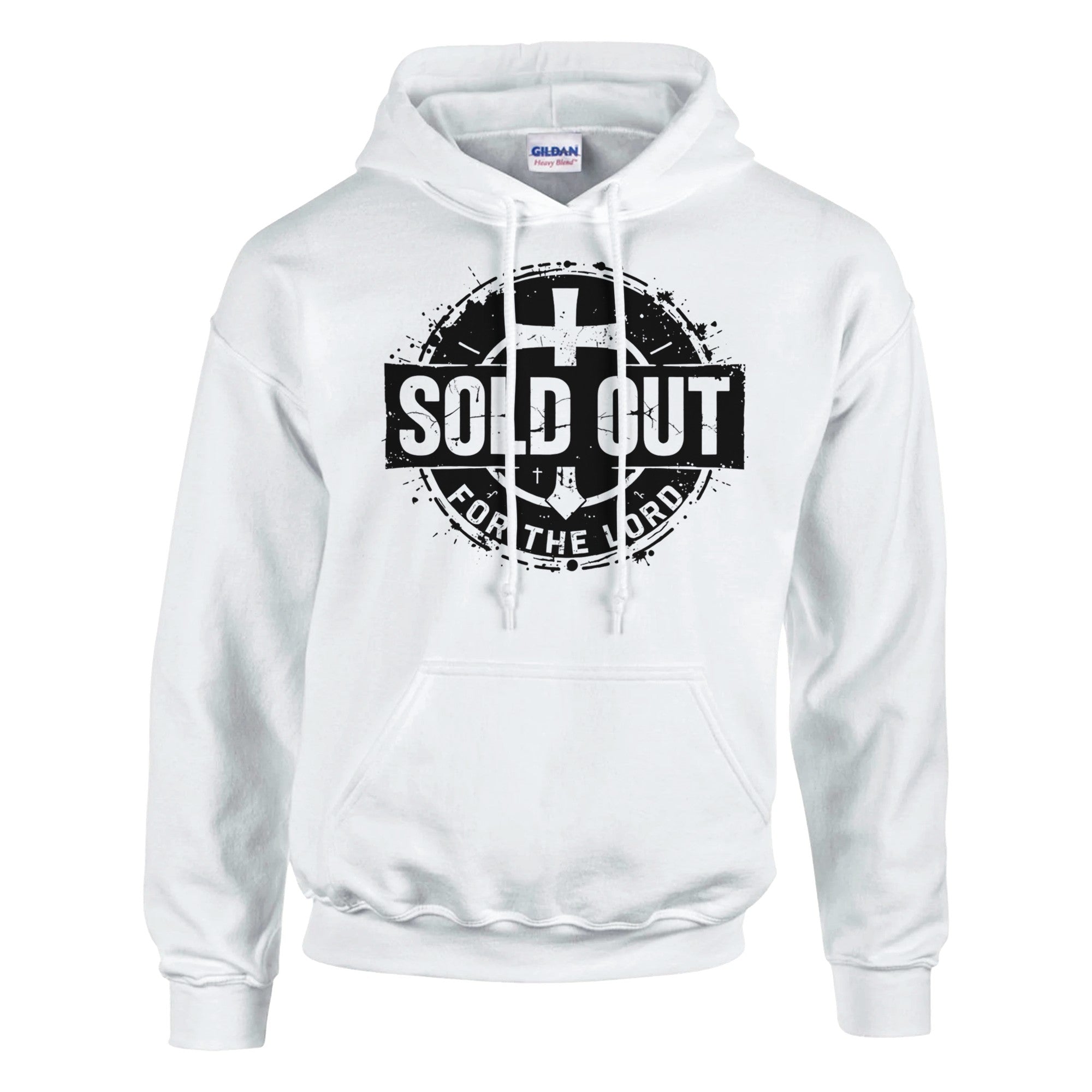 White hoodie with 'Sold Out for the Lord' text and cross design on a white background