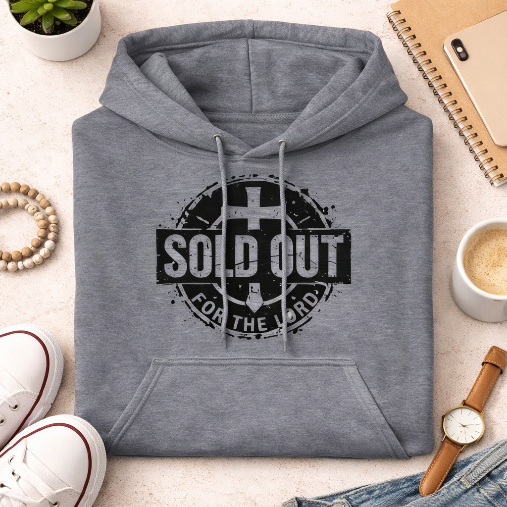 Grey hoodie with 'SOLD OUT FOR THE LORD' graphic on a light surface with accessories.