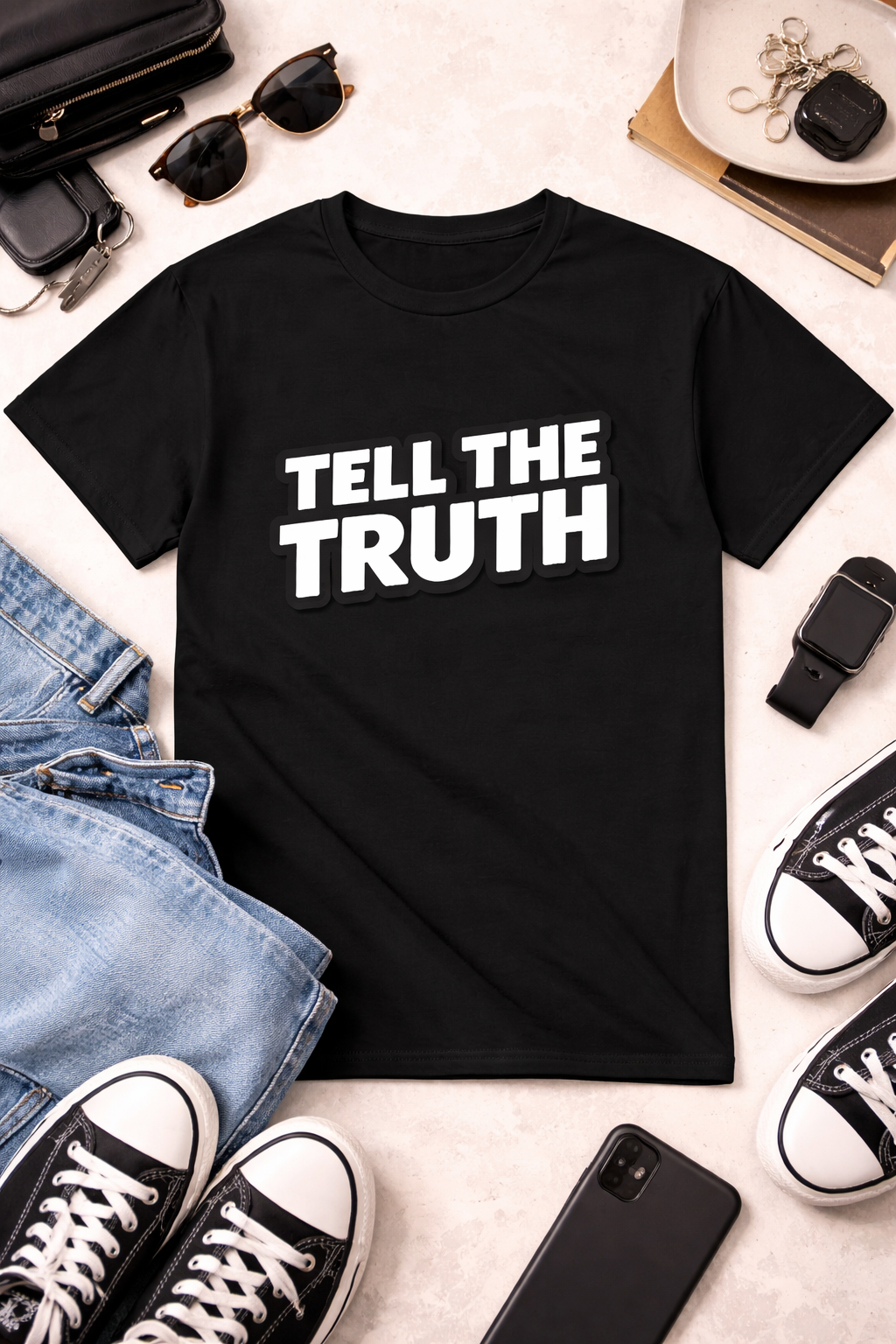 Black t-shirt with 'Tell the Truth' text on a white surface with casual items around