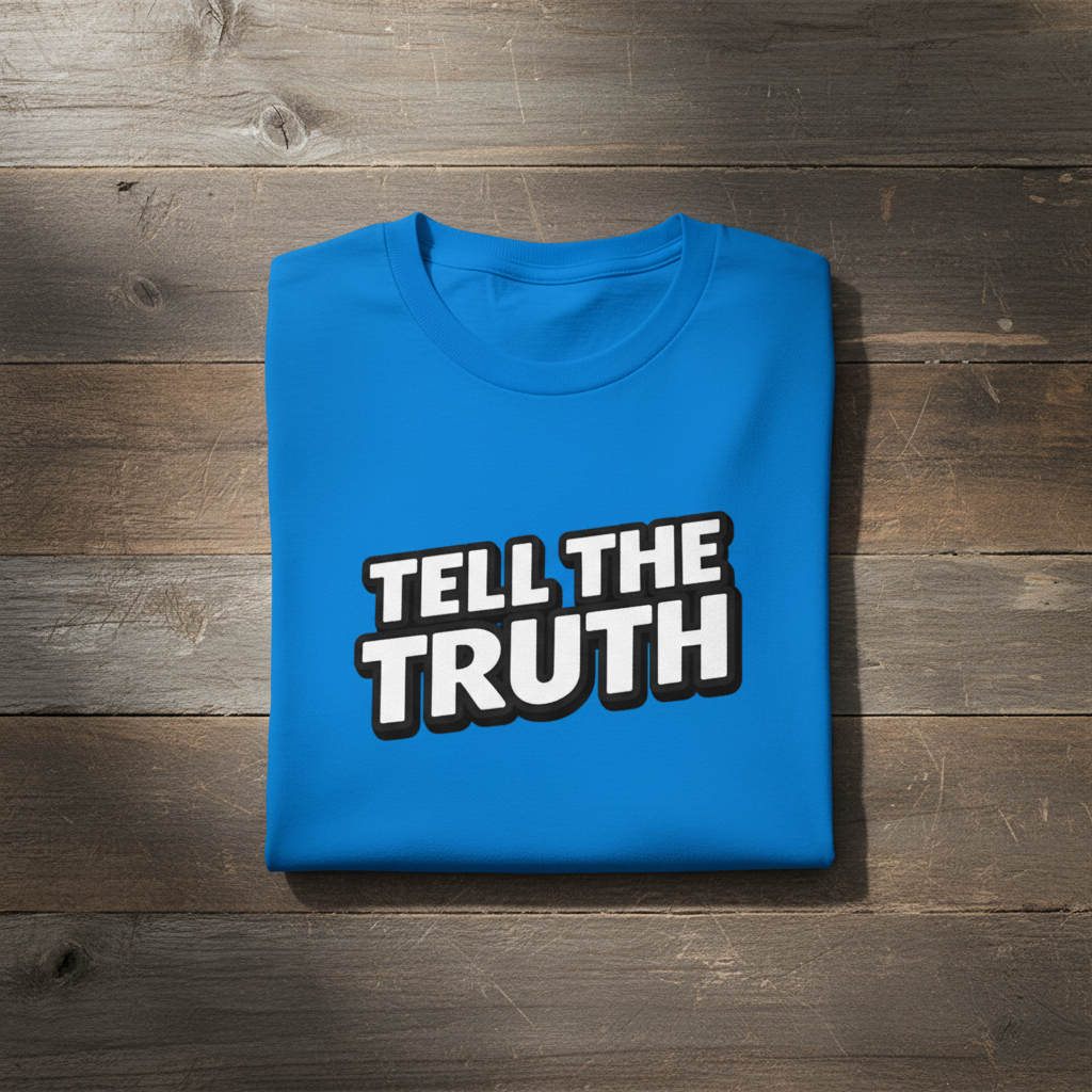 Blue t-shirt with 'Tell the Truth' text on a wooden surface