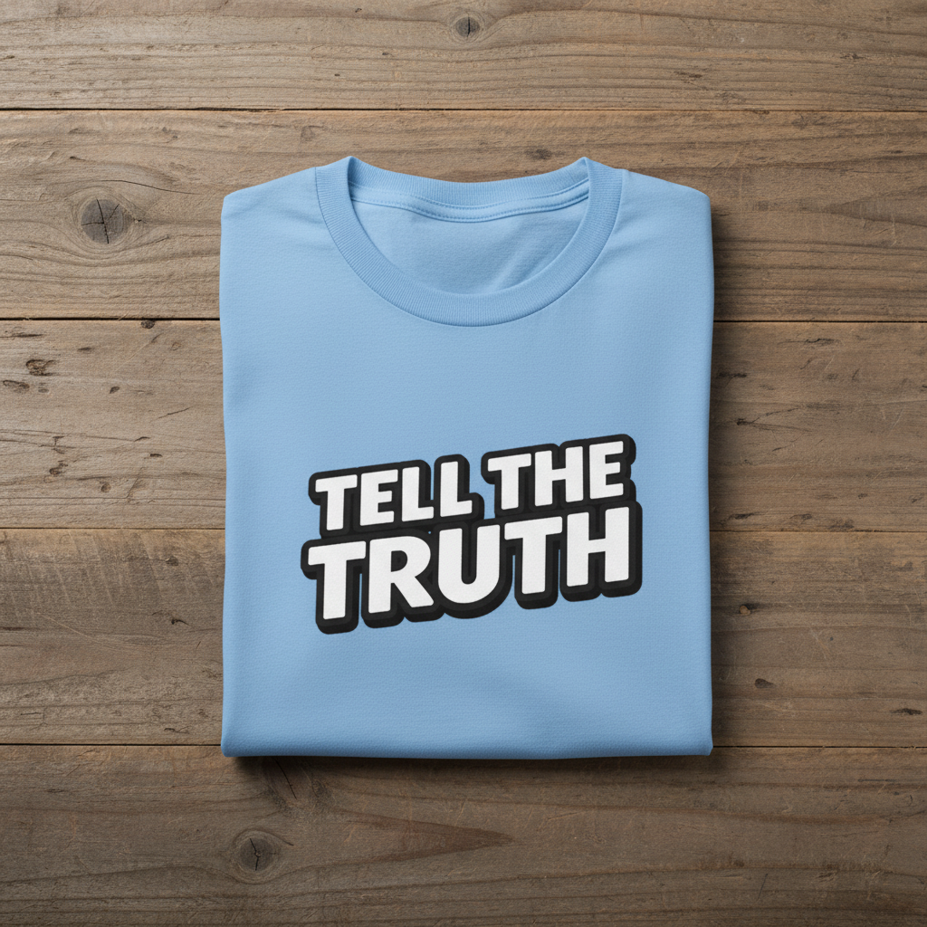 Light blue t-shirt with 'Tell the Truth' text on a wooden surface