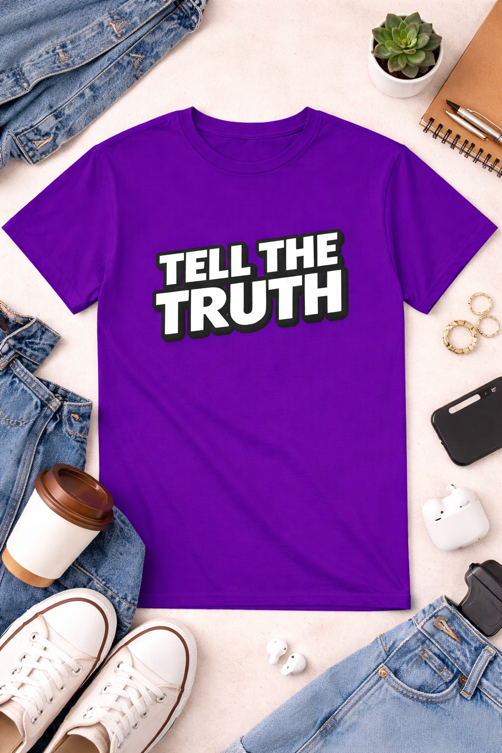 Purple t-shirt with 'Tell the Truth' text on a casual setting with jeans, shoes, and a phone.