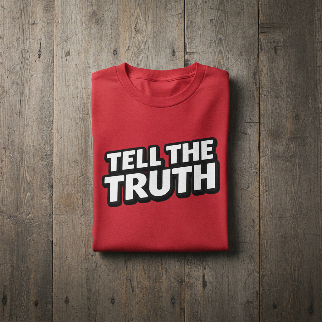 Folded red shirt with 'Tell the Truth' text on a wooden surface