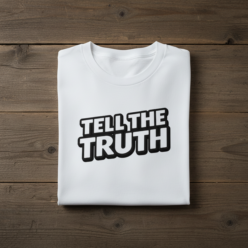White t-shirt with 'Tell the Truth' text on a wooden surface