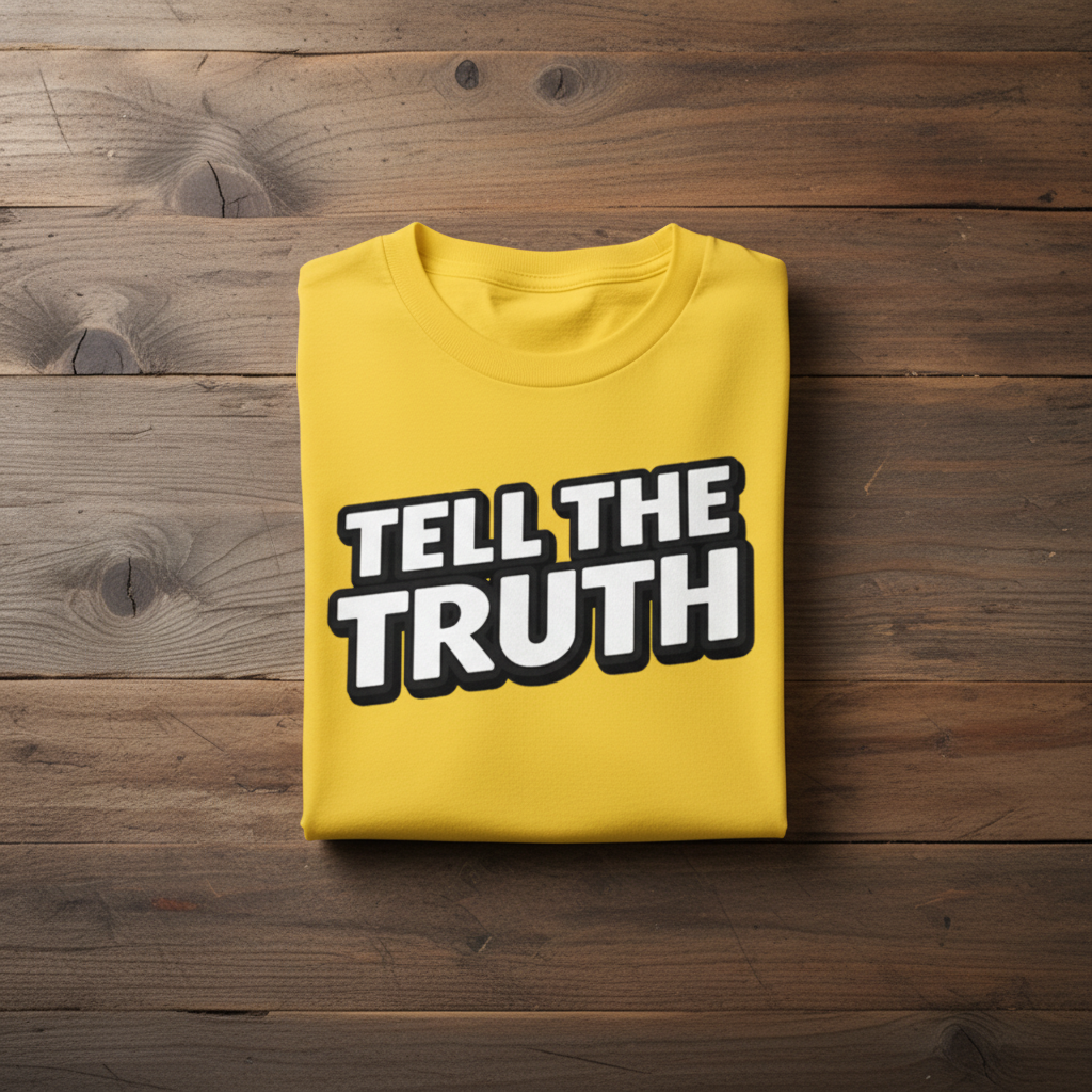 Yellow t-shirt with 'Tell the Truth' text on a wooden surface