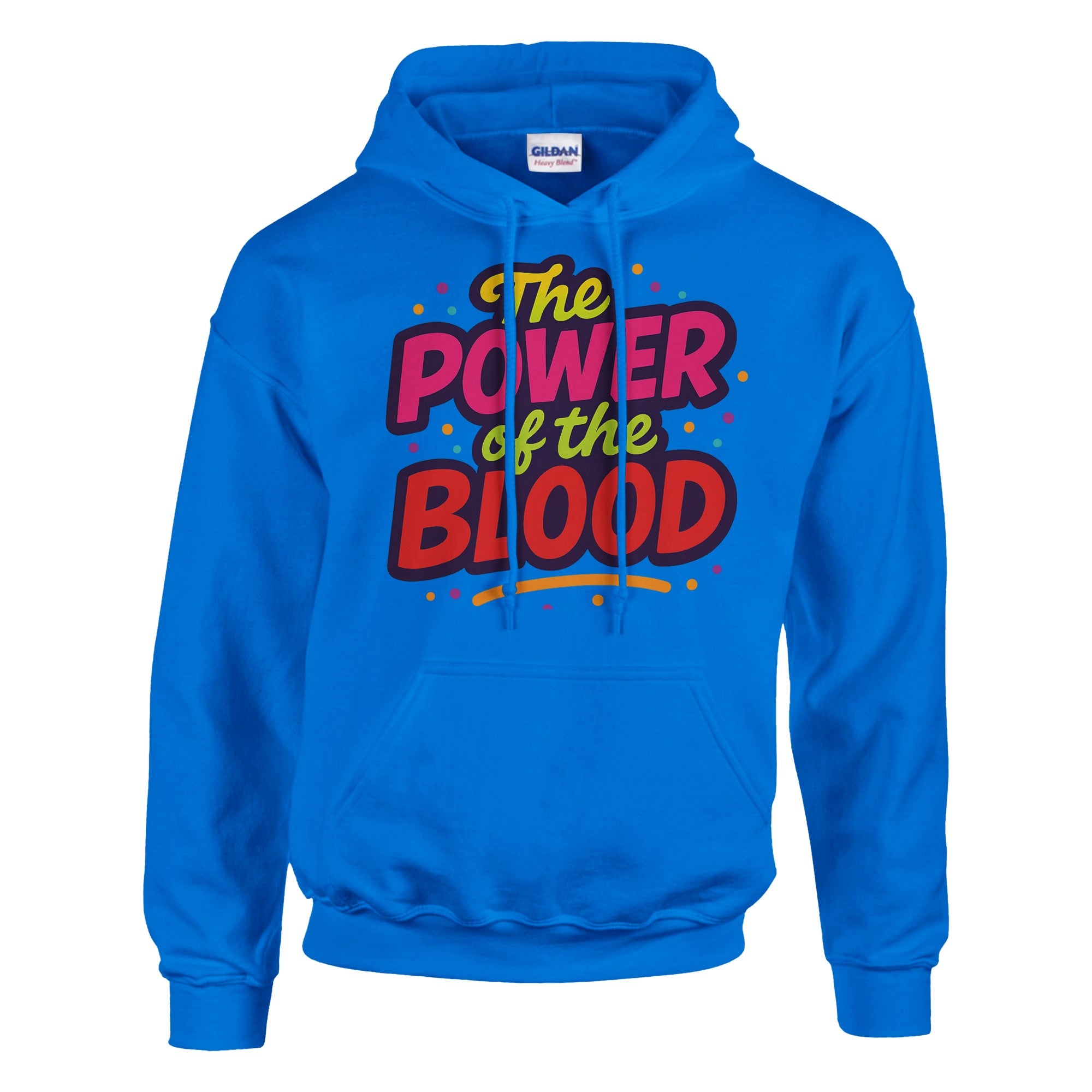 Blue hoodie with colorful text design on a white background