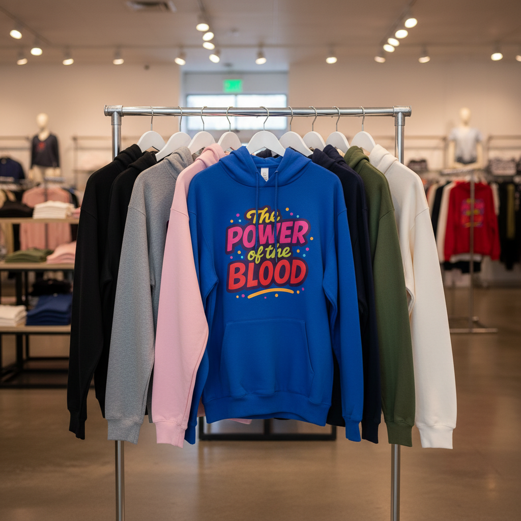 Blue hoodie with colorful text on a clothing rack in a store
