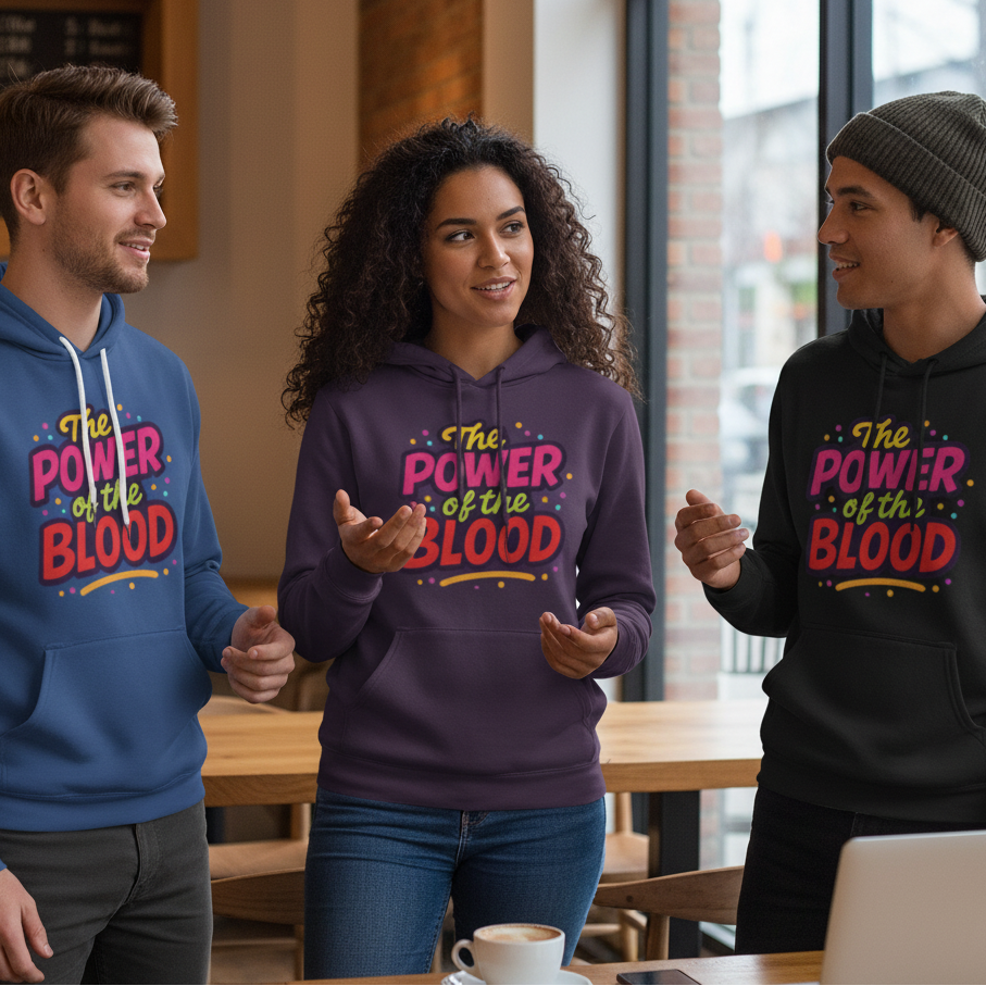 Three people wearing hoodies with 'The Power of the Blood' text in a casual setting.