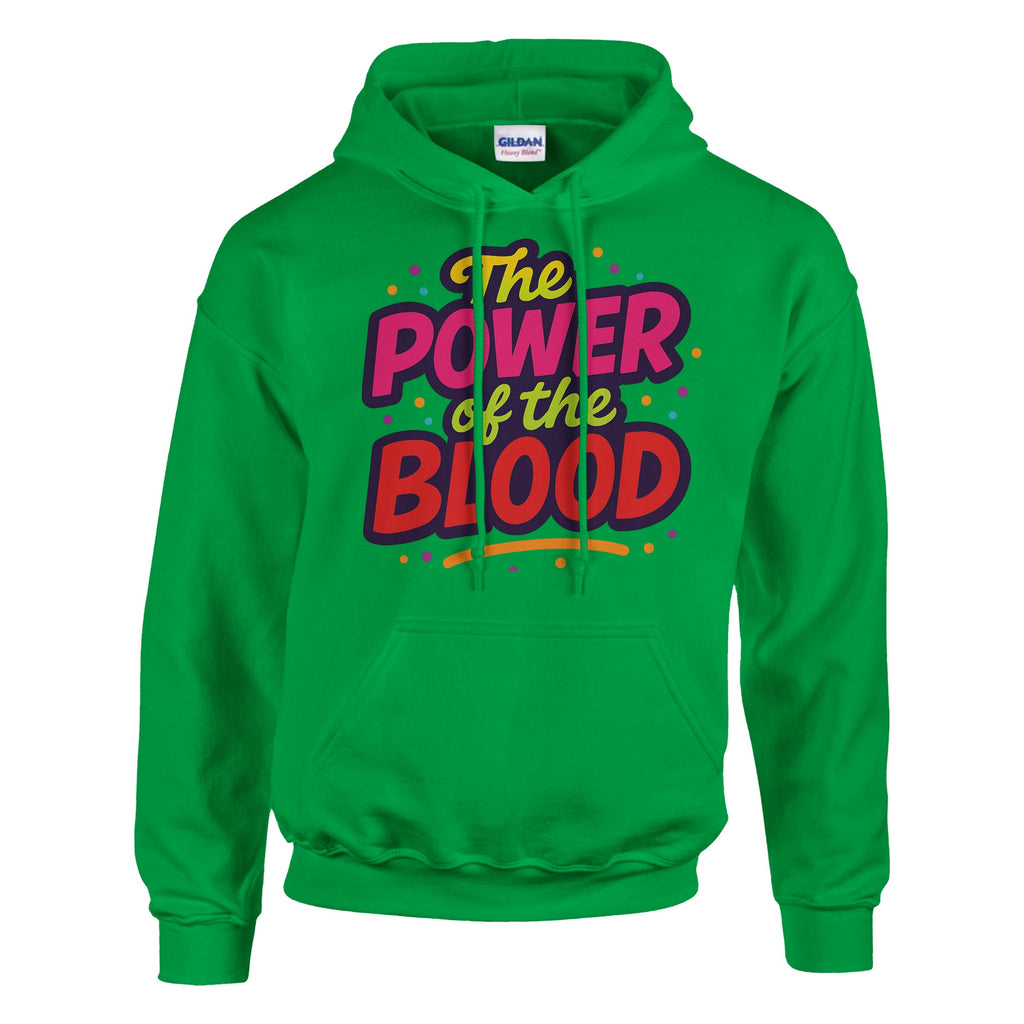Green hoodie with colorful text design on a white background
