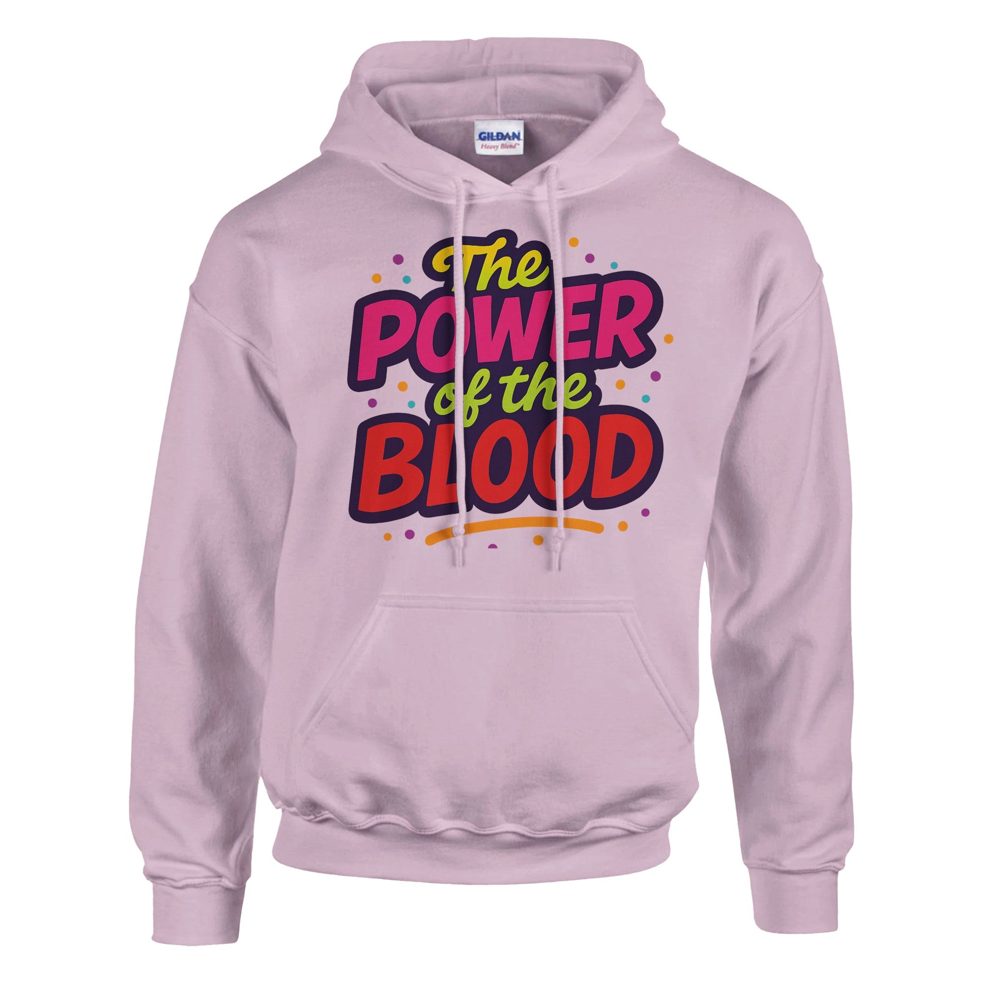 Light purple hoodie with colorful text 'The Power of the Blood' on a white background