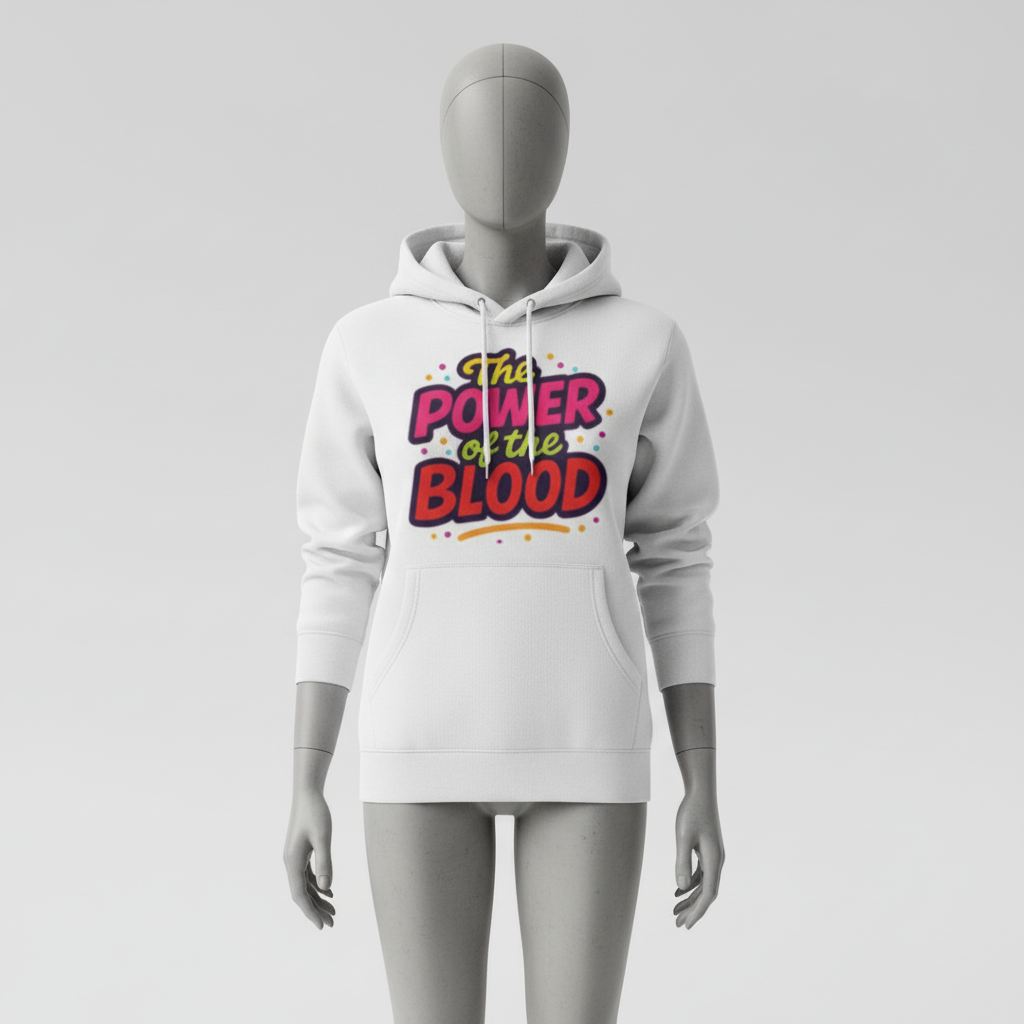 White hoodie with colorful text on a gray mannequin against a light gray background