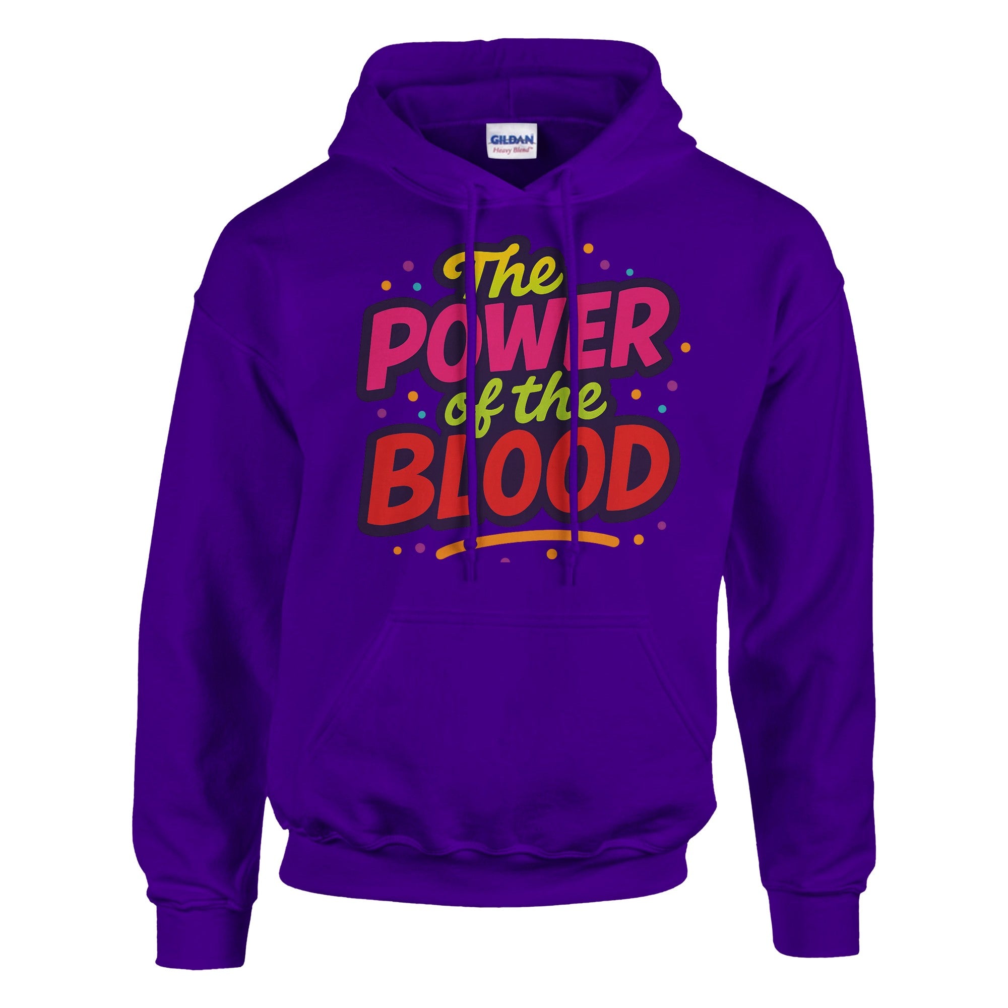 Purple hoodie with colorful text design on a white background