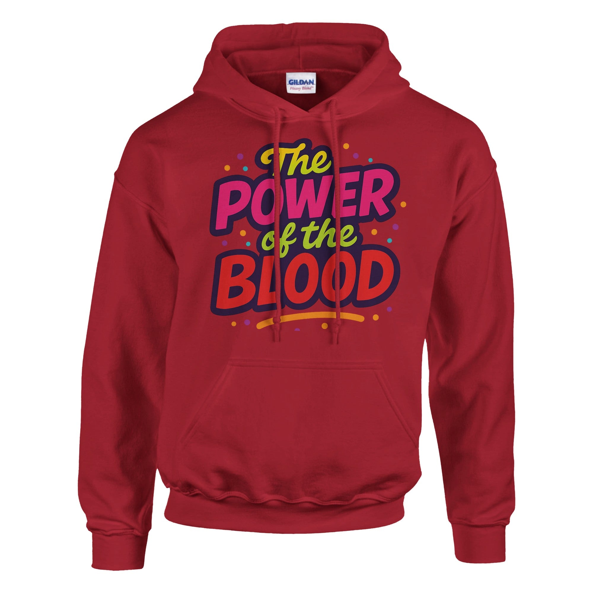 Red hoodie with colorful text 'The Power of the Blood' on a white background