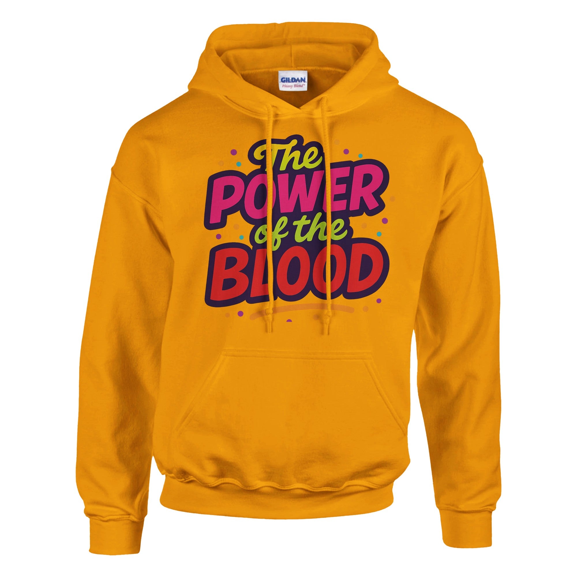 Yellow hoodie with 'The Power of the Blood' text on a white background