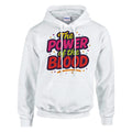 White hoodie with colorful text 'The Power of the Blood' on a white background