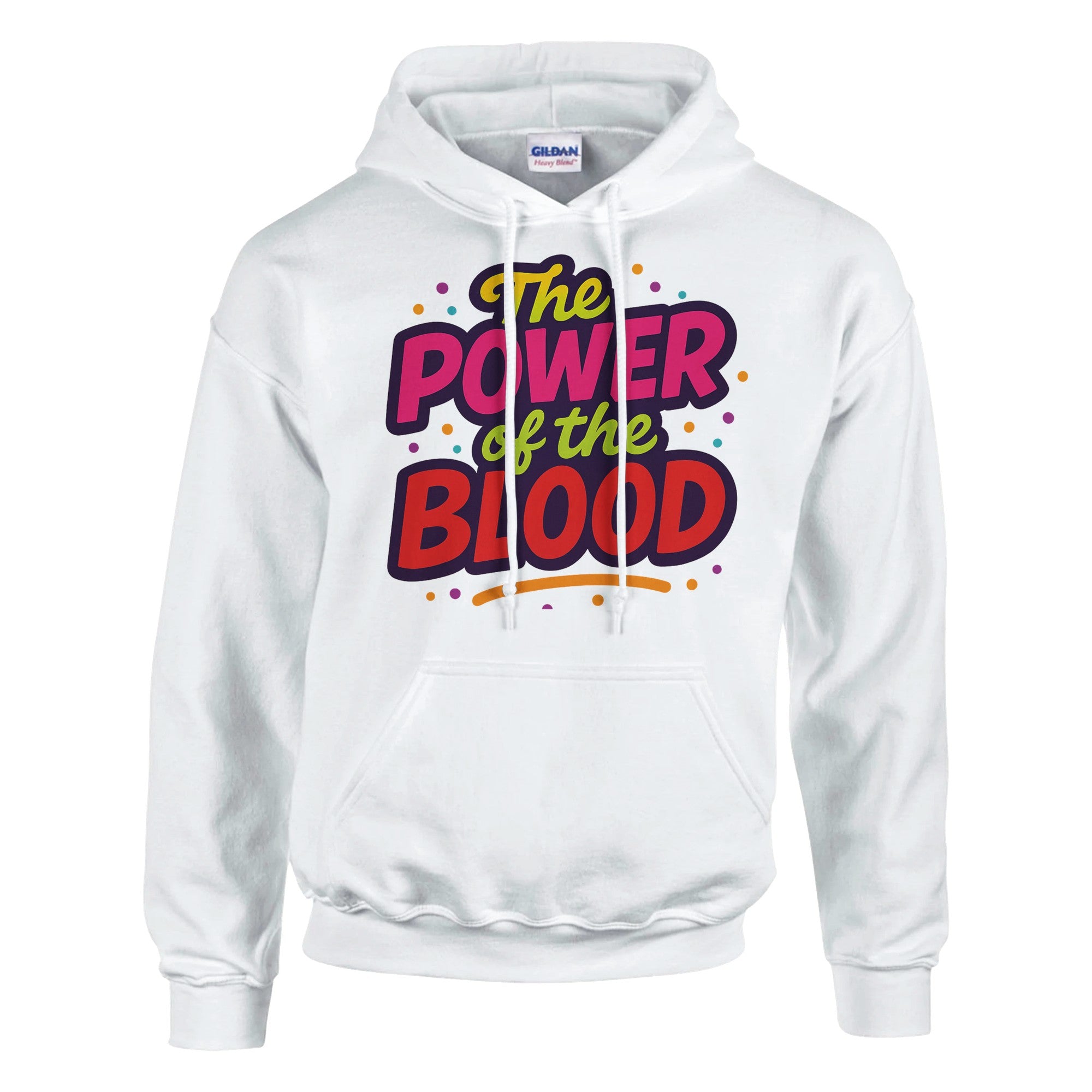 White hoodie with colorful text 'The Power of the Blood' on a white background