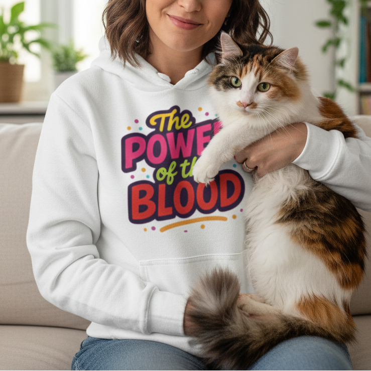 Woman wearing a hoodie with a cat on a couch in a bright room