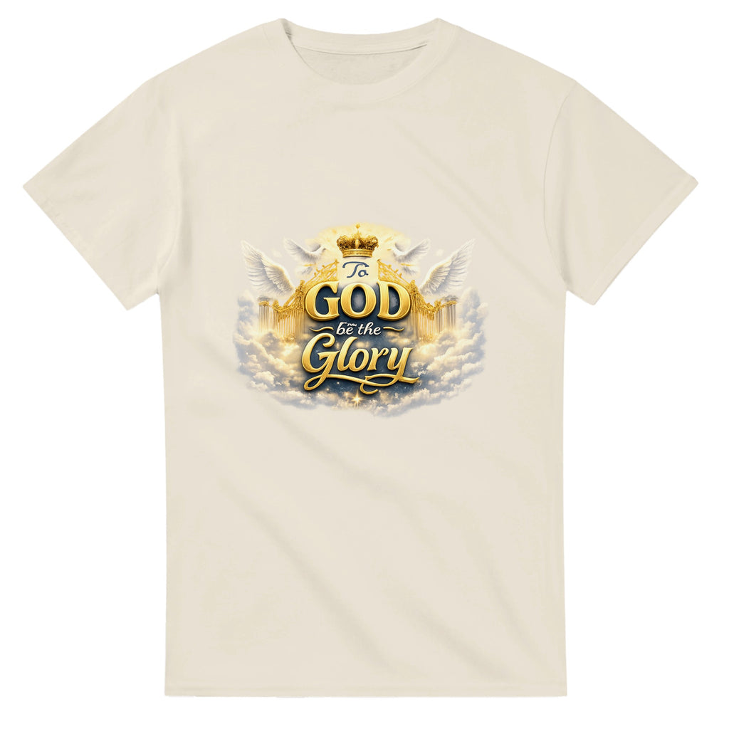 Beige t-shirt with 'To God be the Glory' design on a white background