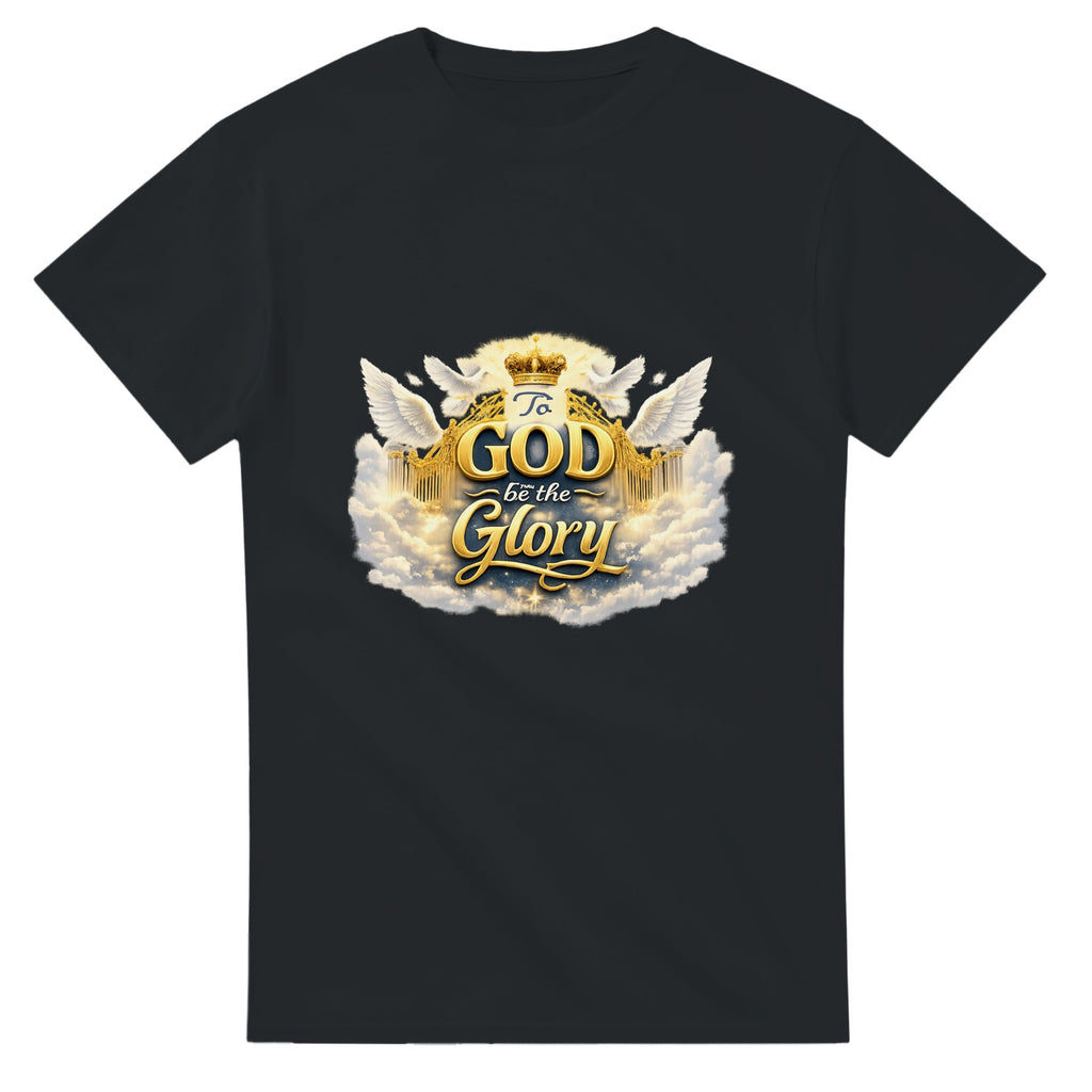 Black t-shirt with 'To God be the Glory' design featuring wings and a crown on a white background