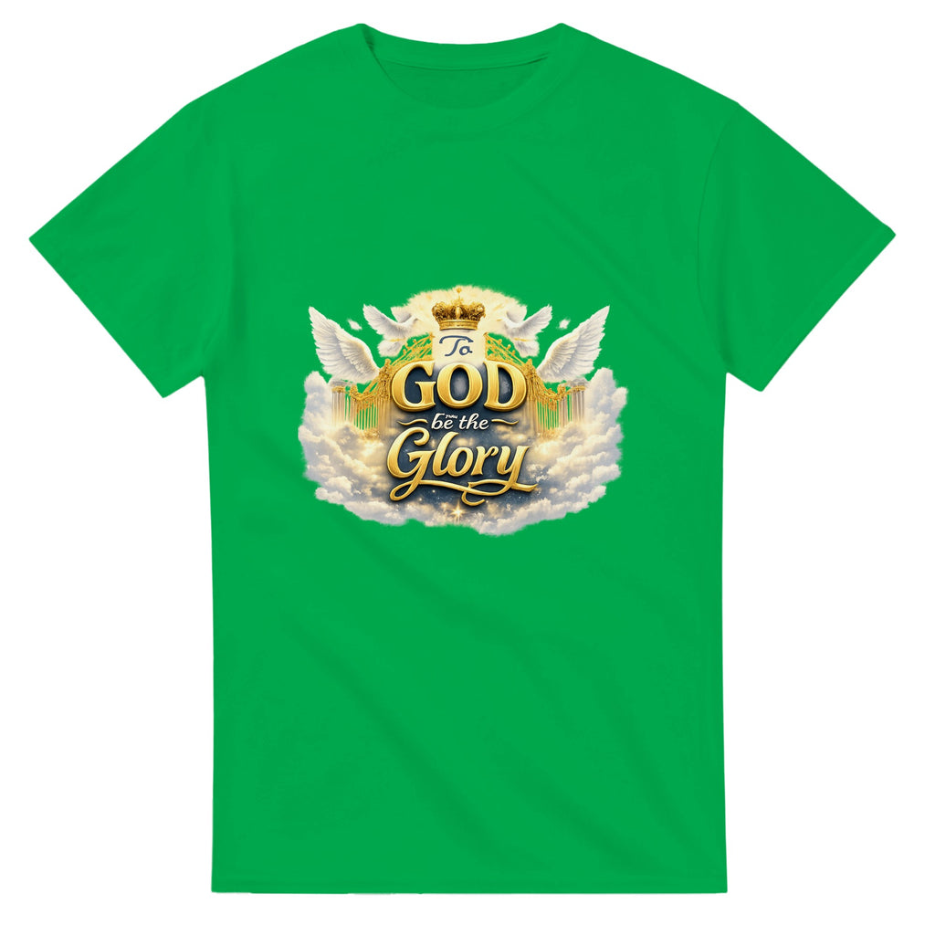 Green t-shirt with 'To God be the Glory' design on a white background