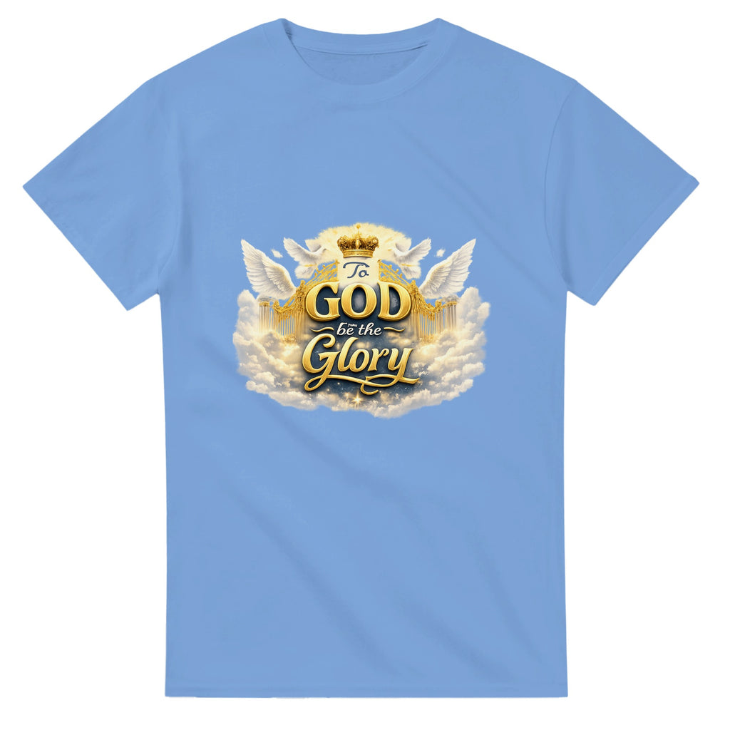 Light blue t-shirt with 'To God be the Glory' design on a white background