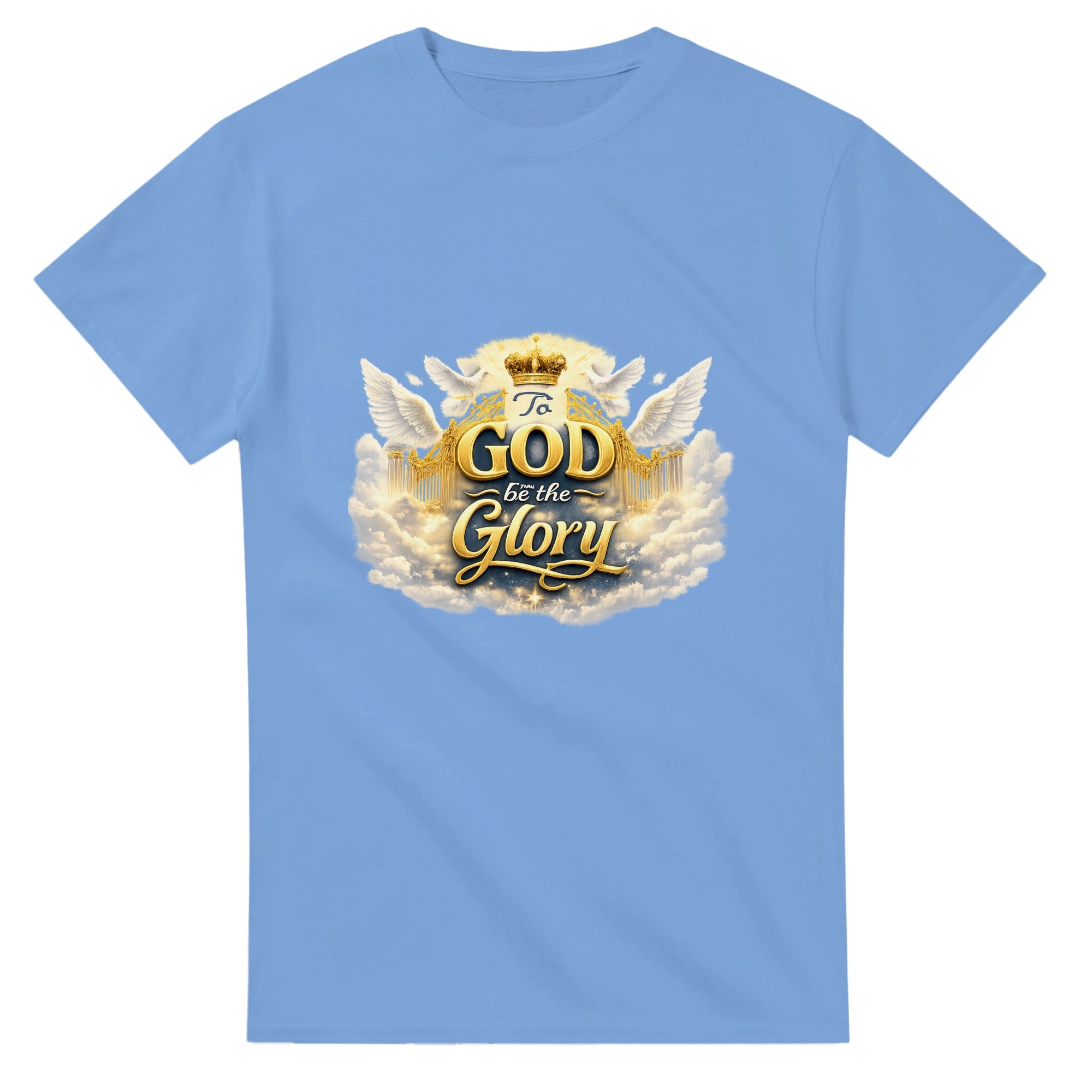 Light blue t-shirt with 'To God be the Glory' design on a white background