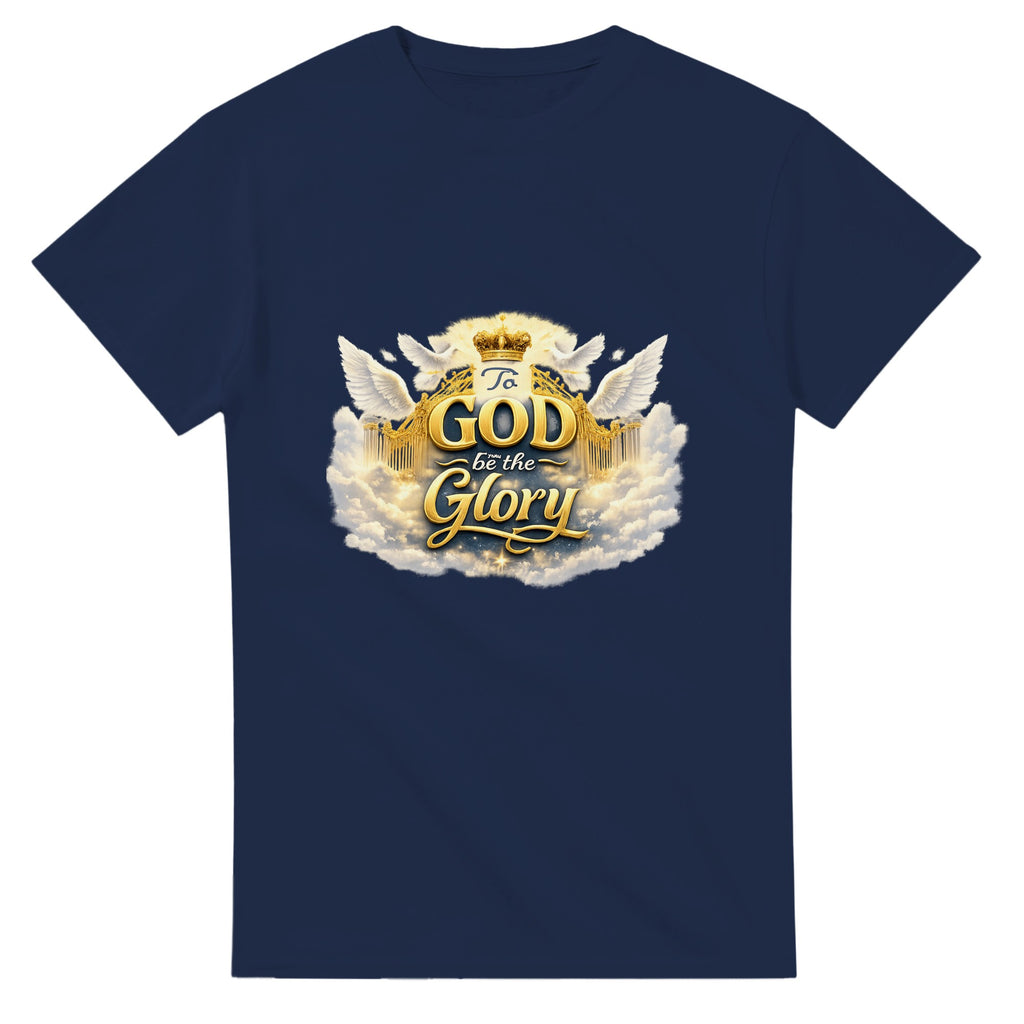 Navy blue t-shirt with 'To God be the Glory' design on a white background
