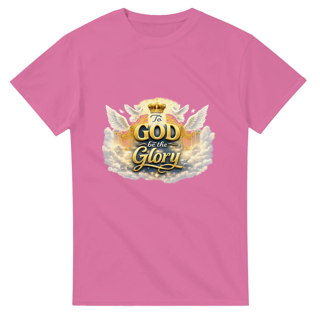 Pink t-shirt with 'To God be the Glory' design on a white background