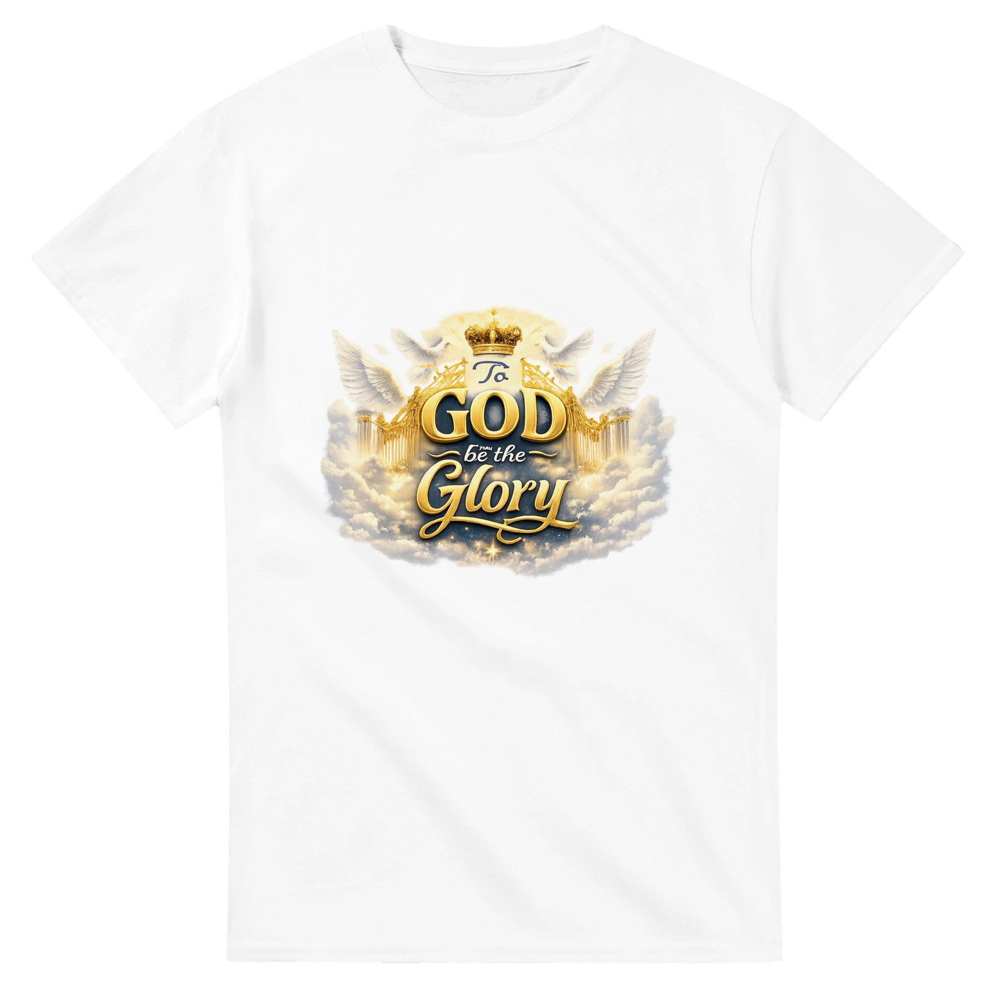 White t-shirt with gold and yellow graphic design on a white background