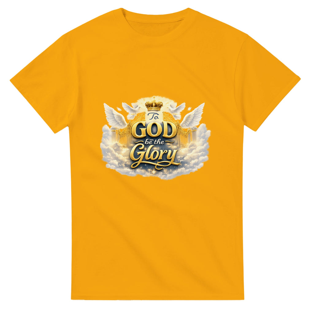 Yellow t-shirt with 'To God be the Glory' design on a white background