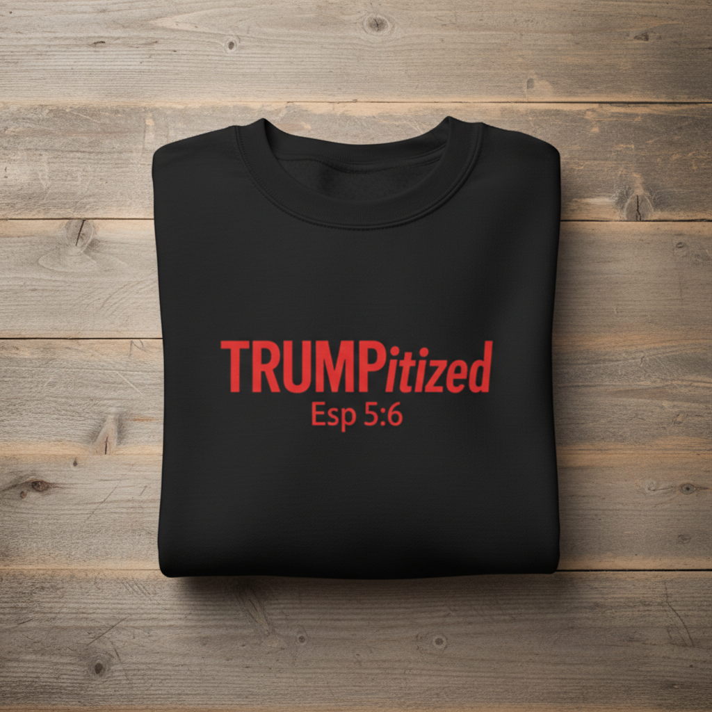 Black sweatshirt with 'TRUMPitized Esp 5:6' text on a wooden surface
