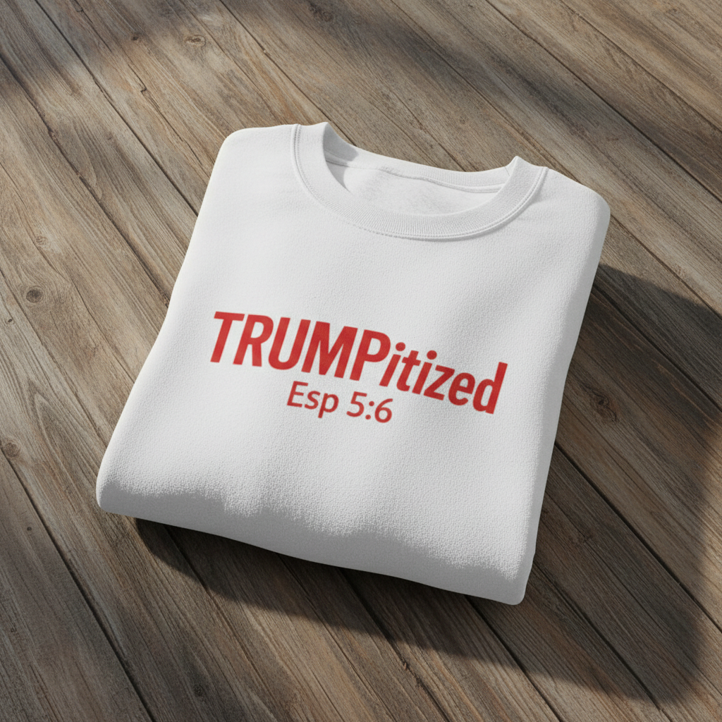 Folded white sweatshirt with 'TRUMPitized Esp 5:6' text on a wooden surface