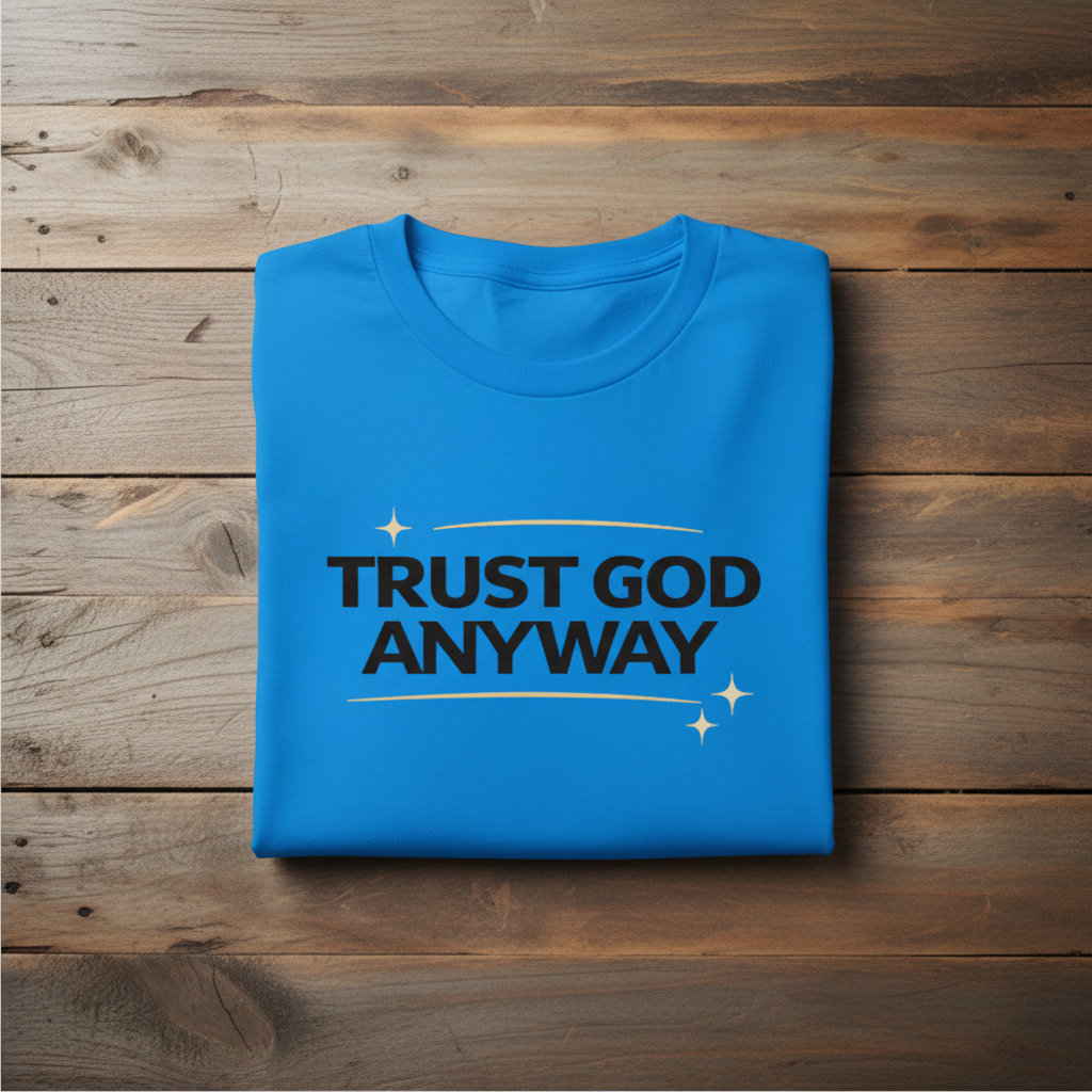 Blue t-shirt with 'Trust God Anyway' text on a wooden surface