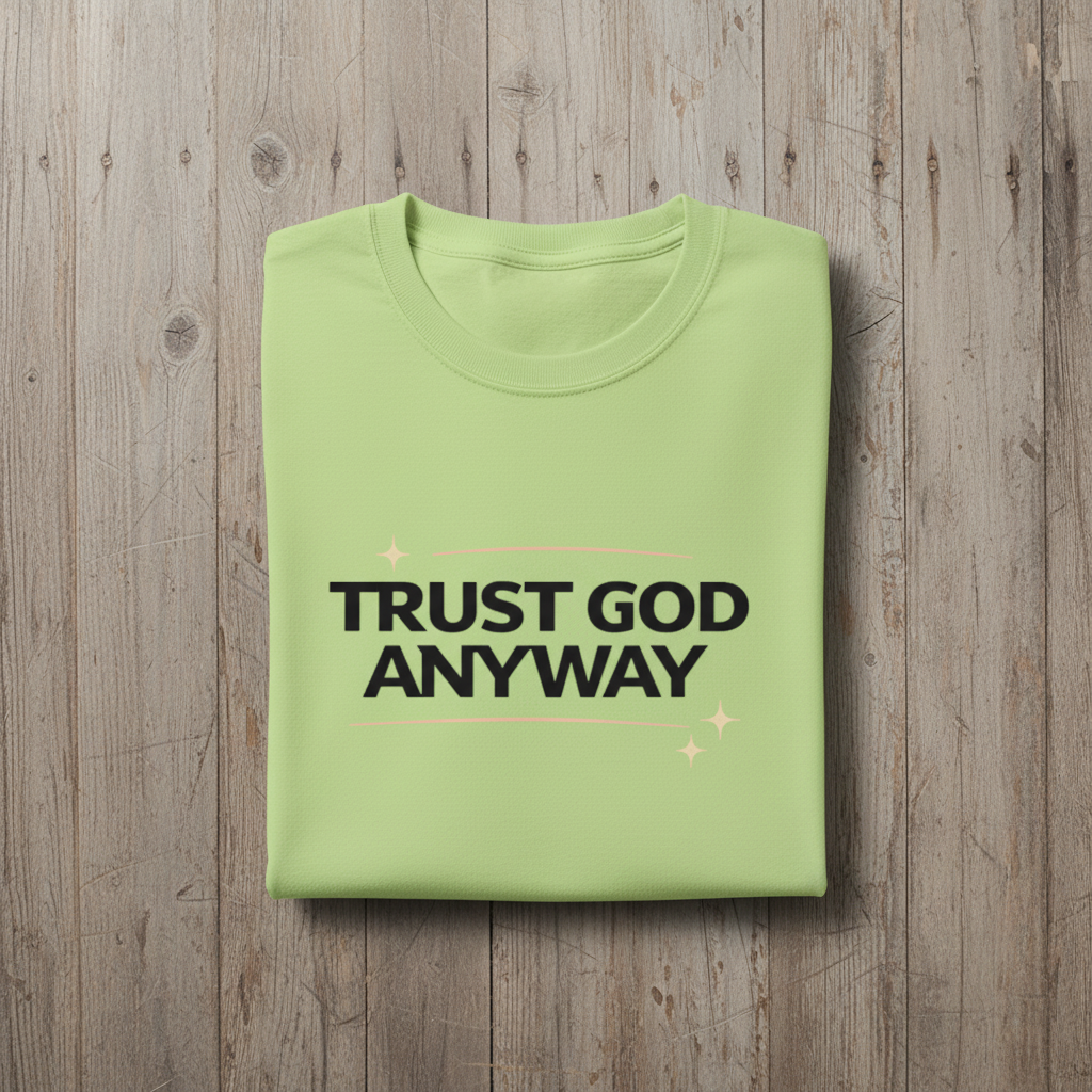 Folded green t-shirt with 'TRUST GOD ANYWAY' text on a wooden surface