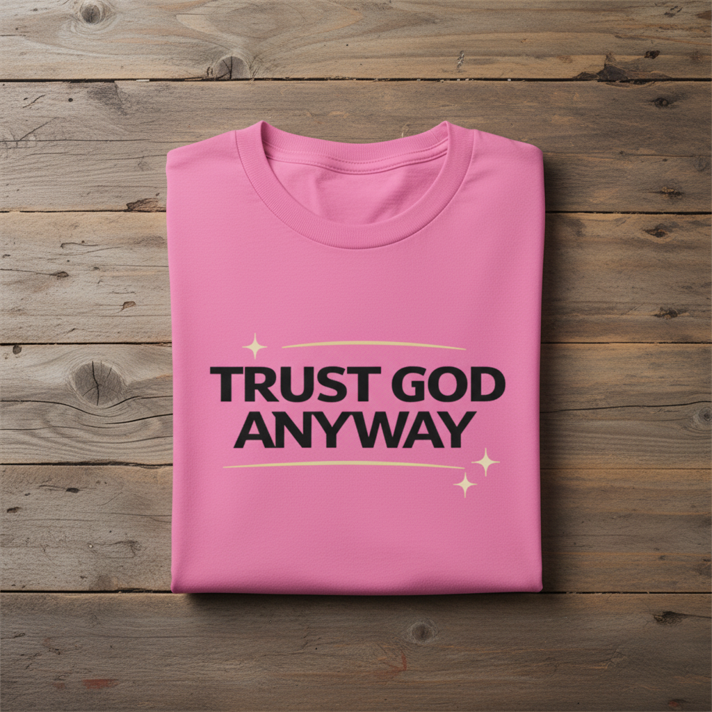 Pink t-shirt with 'Trust God Anyway' text on a wooden surface