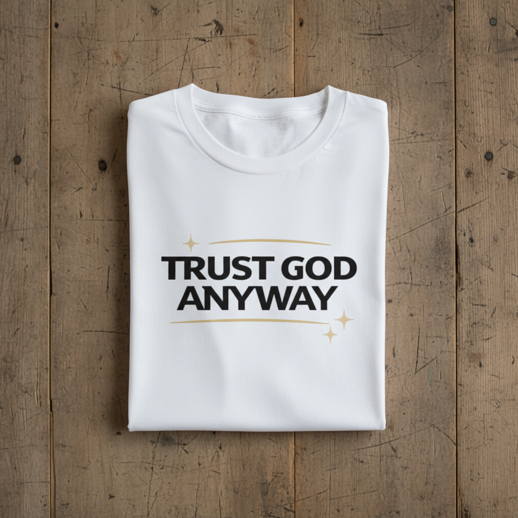 White t-shirt with 'Trust God Anyway' text on a wooden surface